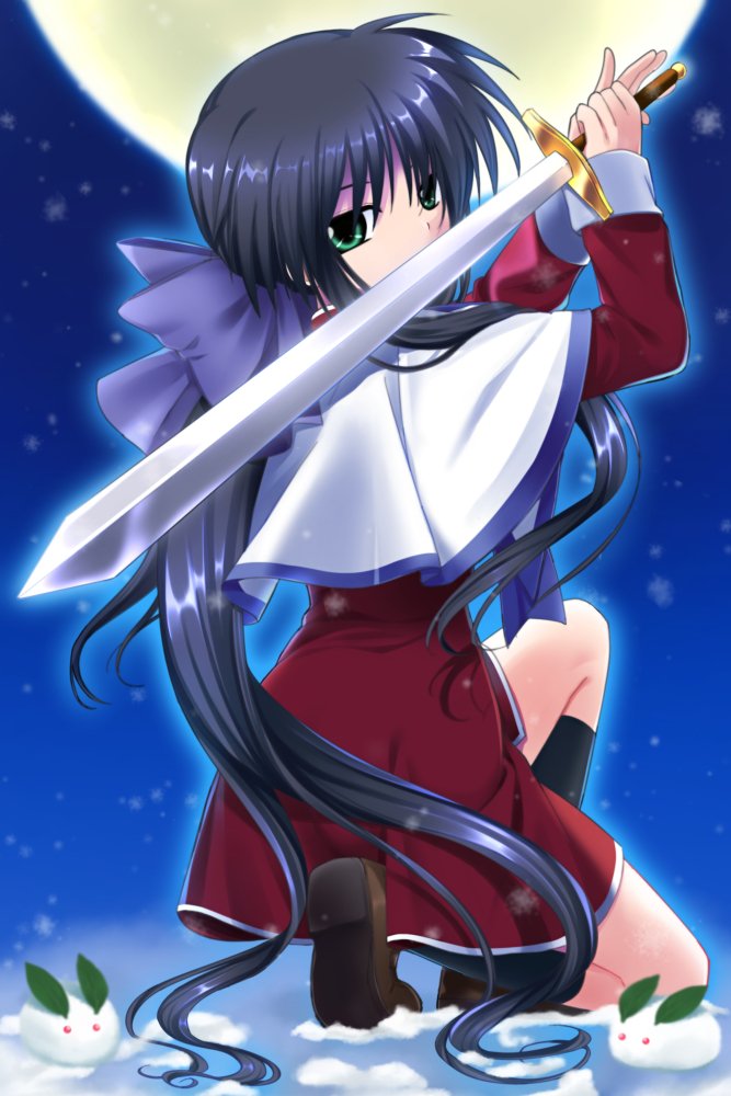 1girl arms_up black_hair black_socks blurry bow brown_footwear capelet commentary depth_of_field dress expressionless from_behind full_body full_moon green_eyes hair_between_eyes hair_bow hair_over_shoulder hair_spread_out holding holding_sword holding_weapon kanon kawasumi_mai knee_up loafers long_hair looking_at_viewer looking_back moon night on_one_knee otou_(otou_san) outdoors own_hands_together ponytail purple_bow red_dress school_uniform shoes sidelocks snow_rabbit snowing socks solo spiky_hair sword tiptoes very_long_hair weapon white_capelet