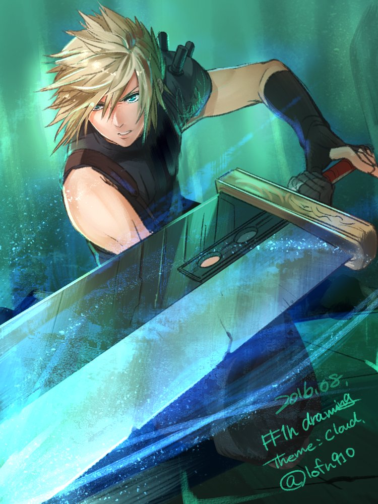 1boy armor baggy_pants black_gloves blonde_hair blue_eyes buster_sword character_name cloud_strife commentary_request dated fighting_stance final_fantasy final_fantasy_vii fingerless_gloves gloves hair_between_eyes holding holding_sword holding_weapon huge_weapon kudou_asami looking_to_the_side male_focus one-hour_drawing_challenge pants parted_lips serious short_hair shoulder_armor single_bare_shoulder sleeveless sleeveless_turtleneck solo spiky_hair sweater sword turtleneck turtleneck_sweater twitter_username weapon