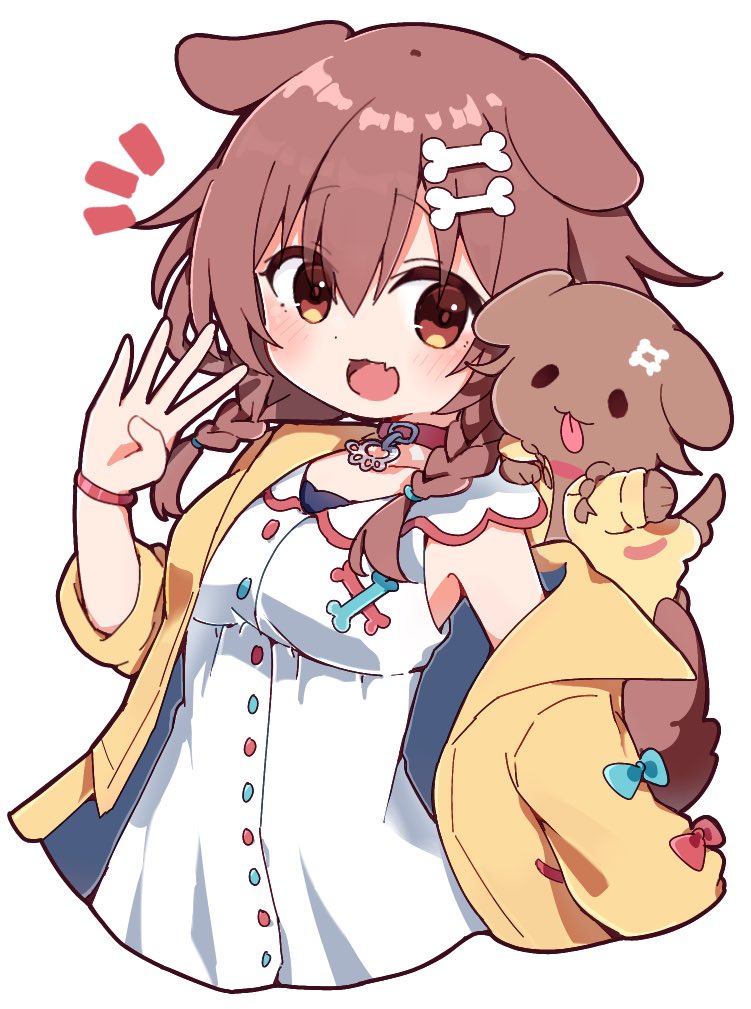 1girl animal_collar animal_ears blush bone_hair_ornament braid brown_eyes brown_hair buttons collar creature creature_on_shoulder dog_ears dog_girl dog_tail dress finger_counting hair_between_eyes hair_ornament hairclip hololive inugami_korone inugami_korone_(1st_costume) inugami_korone_(dog) jacket long_hair looking_at_viewer low_twin_braids low_twintails off_shoulder on_shoulder open_clothes open_jacket rabiiandrain red_collar smile tail twin_braids twintails virtual_youtuber white_dress yellow_jacket