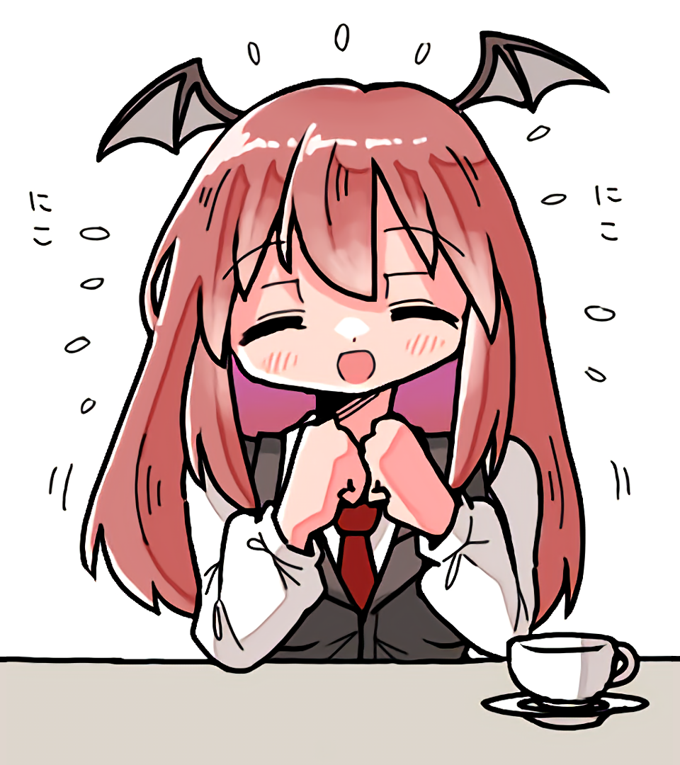 1girl :d ^_^ bat_wings black_vest black_wings blush breasts closed_eyes collared_shirt commentary_request cup dot_nose dress_shirt elbows_on_table facing_viewer flying_sweatdrops hair_between_eyes head_wings kasuya_baian koakuma long_hair medium_breasts necktie own_hands_together red_necktie redhead saucer shirt sidelocks simple_background smile solo table teacup touhou upper_body vest white_background white_shirt wide_face wings