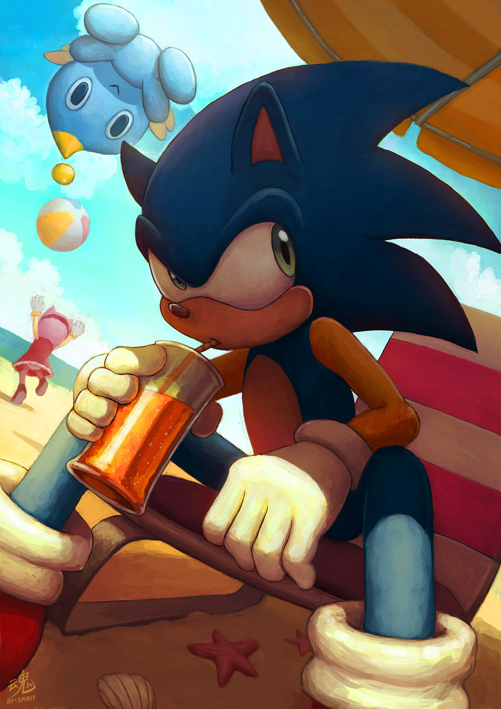 1boy 1girl 1other amy_rose artist_logo ball beach beachball blue_sky chair chao_(sonic) clouds cup dress drinking_straw gloves green_eyes headband highres holding holding_cup outdoors red_dress ry-spirit shell shoes sitting sky sonic_(series) sonic_the_hedgehog starfish umbrella watermark white_gloves