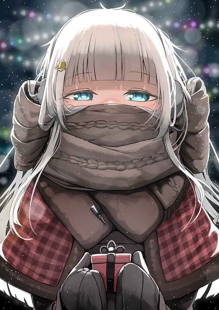1girl backlighting blue_eyes blunt_bangs brown_mittens brown_scarf capelet christmas christmas_lights covered_mouth enpera fur-trimmed_capelet fur_trim genek gift gingham hair_ornament holding holding_gift long_hair looking_at_viewer mittens night original outdoors red_capelet scarf scarf_over_mouth sky solo star_(sky) starry_sky upper_body white_hair