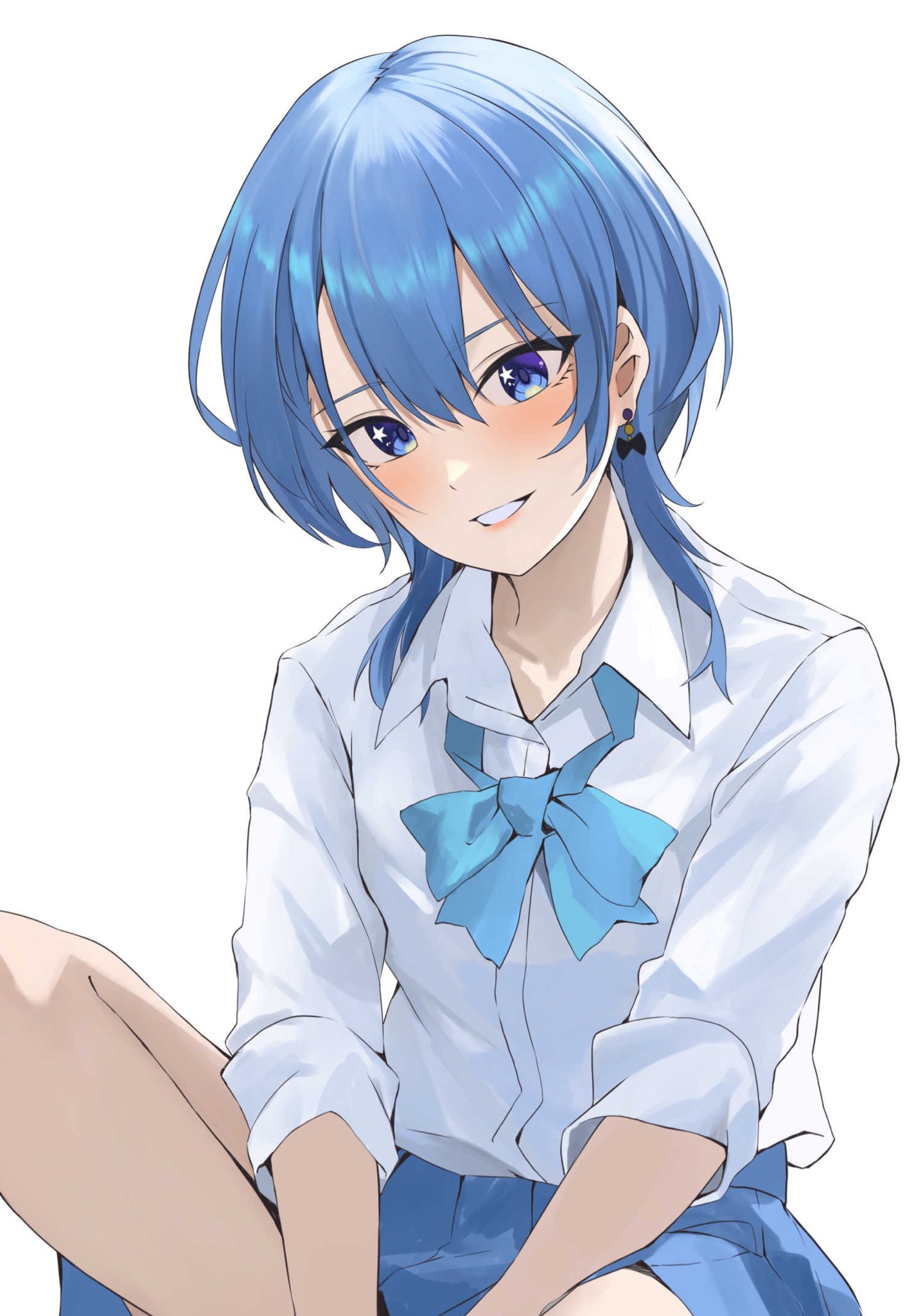 1girl blue_bow blue_bowtie blue_hair blue_skirt blush bow bowtie chakuma_(yiyh1468) collarbone collared_shirt earrings eyelashes hair_between_eyes highres hololive hoshimachi_suisei jewelry knee_up looking_at_viewer loose_bowtie medium_hair official_alternate_hairstyle parted_lips pleated_skirt shirt simple_background sitting skirt solo star_(symbol) star_in_eye symbol_in_eye teeth virtual_youtuber white_background white_shirt