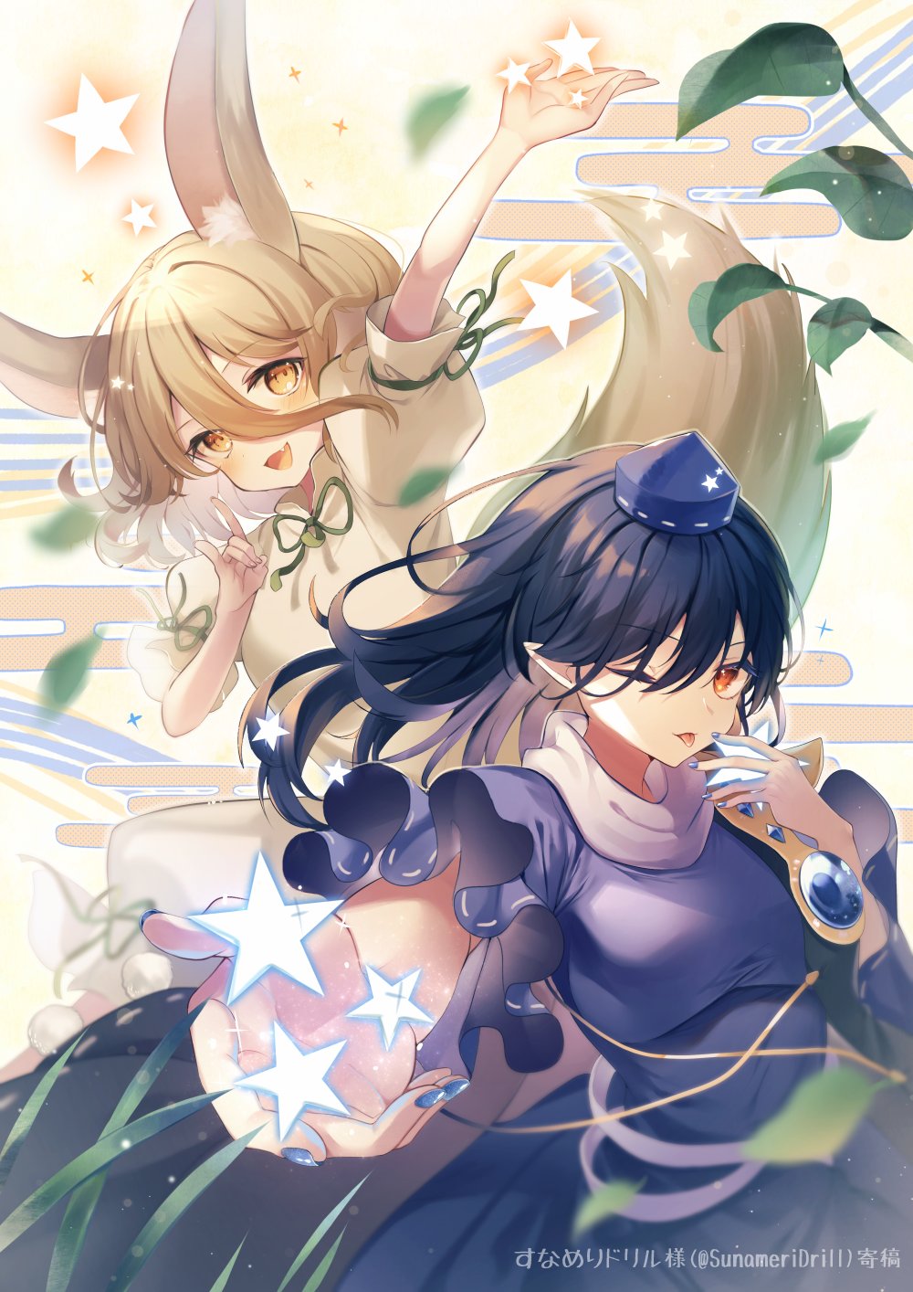2girls :d ;p arm_up armor blonde_hair bloom blue_dress blue_hair blue_nails breasts commentary_request dark_blue_hair dress fang floating_hair fox_shadow_puppet grey_background hair_between_eyes hand_up hat highres iizunamaru_megumu kudamaki_tsukasa long_hair looking_at_viewer medium_breasts multiple_girls nail_polish one_eye_closed open_mouth pauldrons pointy_ears puffy_short_sleeves puffy_sleeves sekisei_(superego51) short_sleeves shoulder_armor simple_background single_pauldron skin_fang smile star_(symbol) star_print tokin_hat tongue tongue_out touhou white_romper