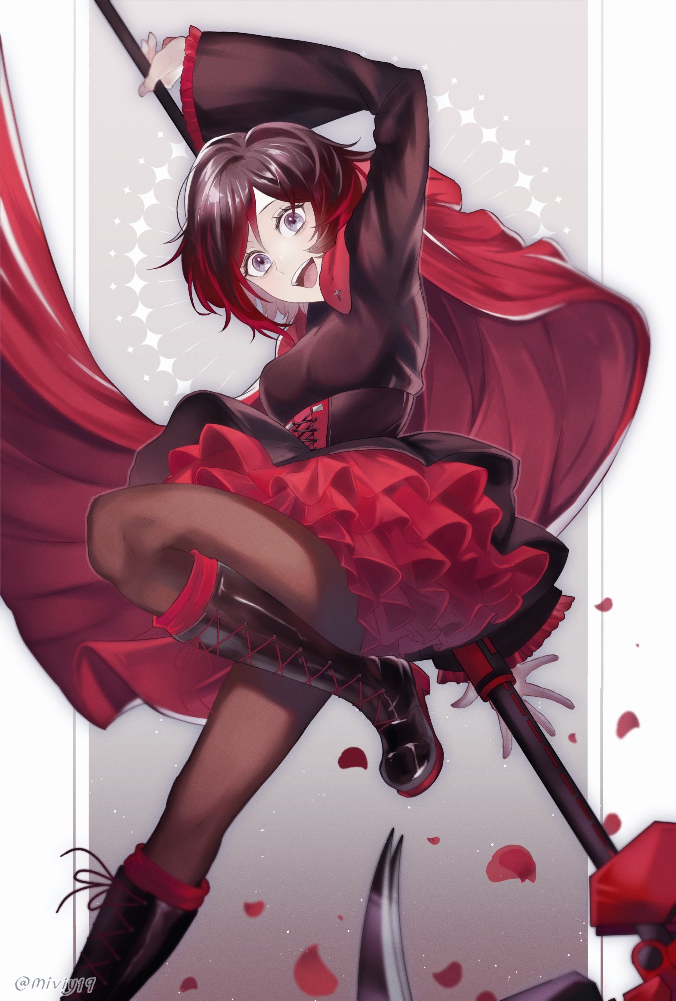 artist_name black_dress black_hair boots cape dress frilled_skirt frills gradient_hair grey_eyes highres holding holding_weapon leg_up miviy19 multicolored_hair open_mouth pantyhose petals red_cape redhead ruby_rose rwby scythe skirt smile weapon