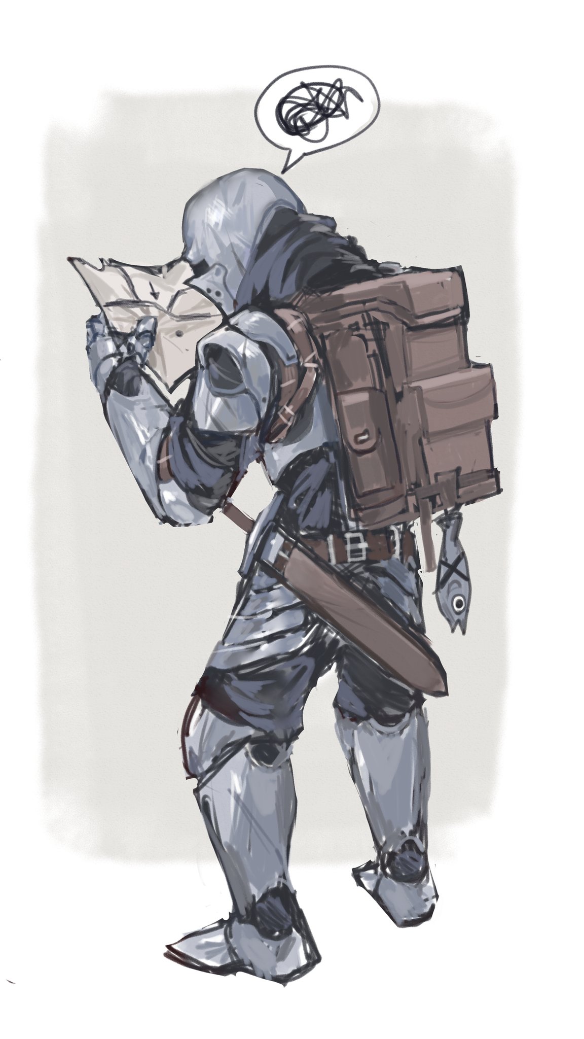 1other armor armored_boots backpack bag belt boots brown_bag brown_belt fish from_behind full_armor full_body gauntlets highres holding holding_map knight map nameno92372763 original sheath sheathed solo speech_bubble spoken_squiggle squiggle standing sword weapon