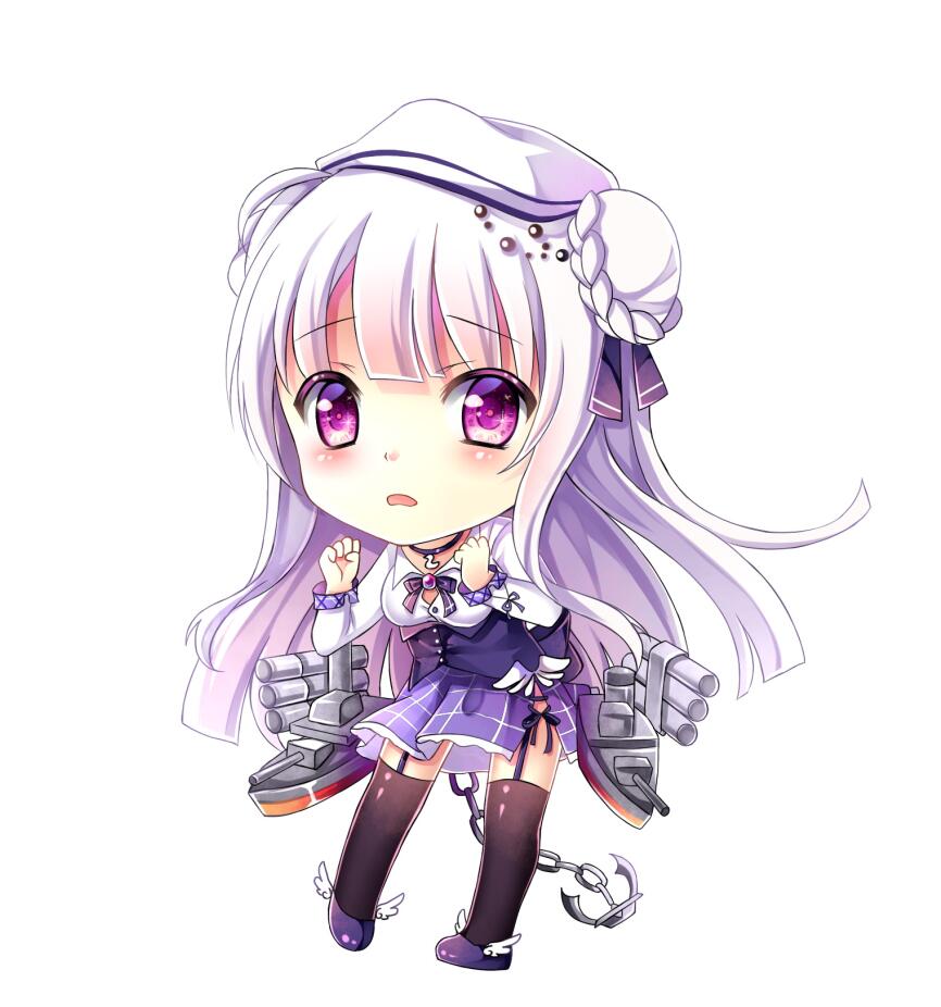 1girl anchor azur_lane beret black_thighhighs blush chibi clenched_hands collared_shirt corset cygnet_(azur_lane) double_bun full_body garter_straps gyaza hair_bun hands_up hat long_hair long_sleeves looking_at_viewer open_mouth purple_corset purple_footwear purple_skirt rigging shirt skirt solo standing thigh-highs violet_eyes white_background white_hair white_headwear white_shirt