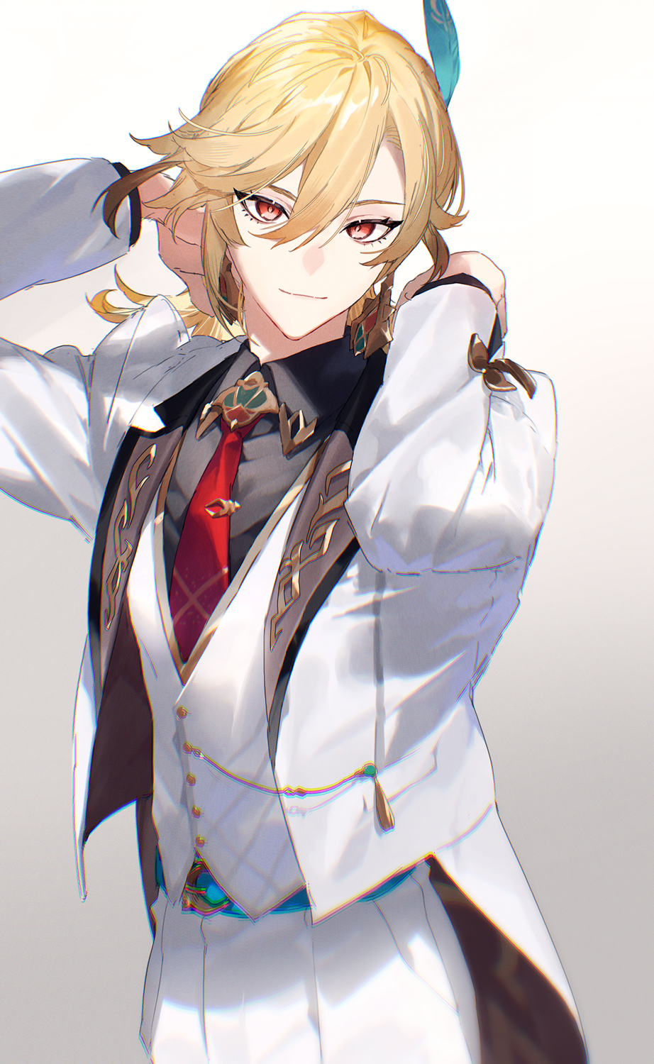 1boy arms_up belt belt_buckle black_shirt blonde_hair blue_belt brooch buckle buttons closed_mouth collared_shirt crescent crescent_belt_buckle dress_shirt earrings eyelashes feather_hair_ornament feathers formal genshin_impact grey_background hair_between_eyes hair_ornament highres jacket jewelry kaveh_(genshin_impact) lapels long_hair long_sleeves looking_at_viewer male_focus necktie open_clothes open_jacket pants parted_bangs red_eyes red_necktie sachico66 shirt sidelocks simple_background smile solo standing tassel vest white_jacket white_pants white_vest wing_collar