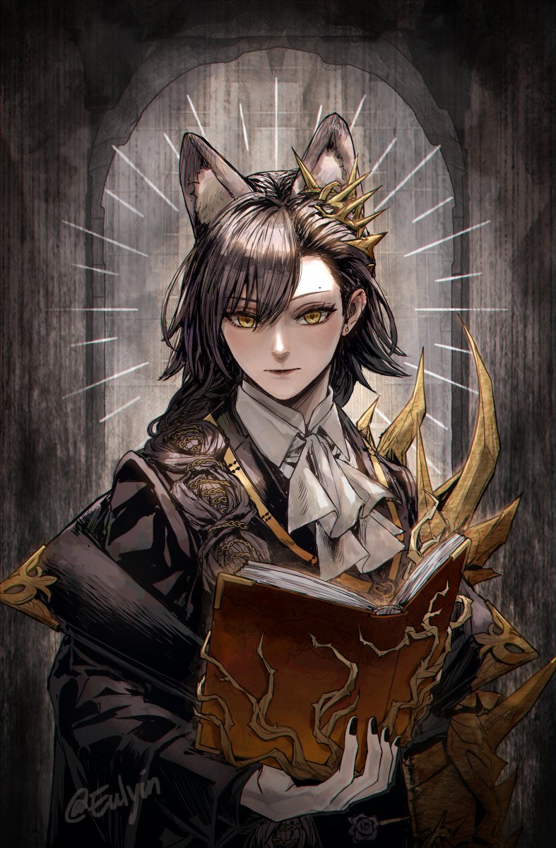 animal_ears arknights ascot black_coat black_jacket black_nails book coat eulyin_huan extra_ears gauntlets highres holding holding_book jacket mole_above_eye mole_on_forehead open_book open_clothes open_coat penance_(arknights) single_gauntlet white_ascot wolf_ears wolf_girl