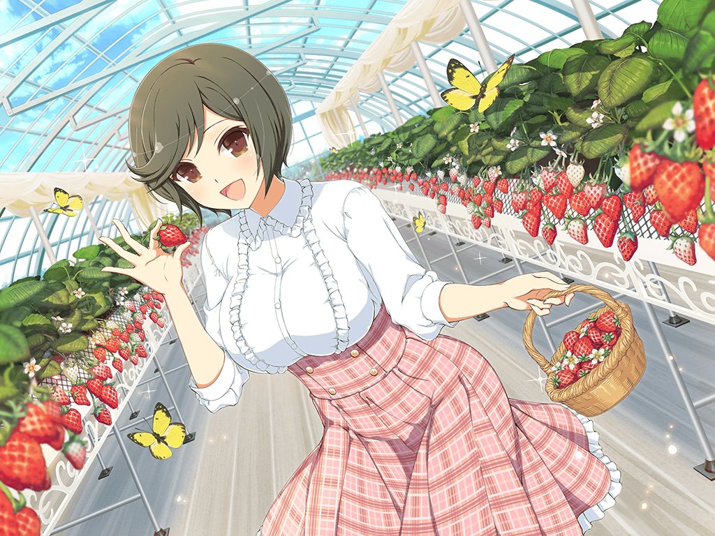 1girl basket blue_sky blush breasts brown_eyes brown_hair bug butterfly buttons clouds day flower food frilled_shirt frilled_skirt frills fruit garden greenhouse holding holding_basket holding_food holding_fruit indoors large_breasts leaf looking_at_viewer mai_(senran_kagura) official_alternate_costume official_art open_mouth plaid plaid_skirt plant senran_kagura senran_kagura_new_link senran_kagura_new_wave shiny_skin shirt short_hair skirt sky smile solo standing strawberry strawberry_blossoms strawberry_plant sunlight tongue underbust white_flower wooden_floor yaegashi_nan yellow_butterfly