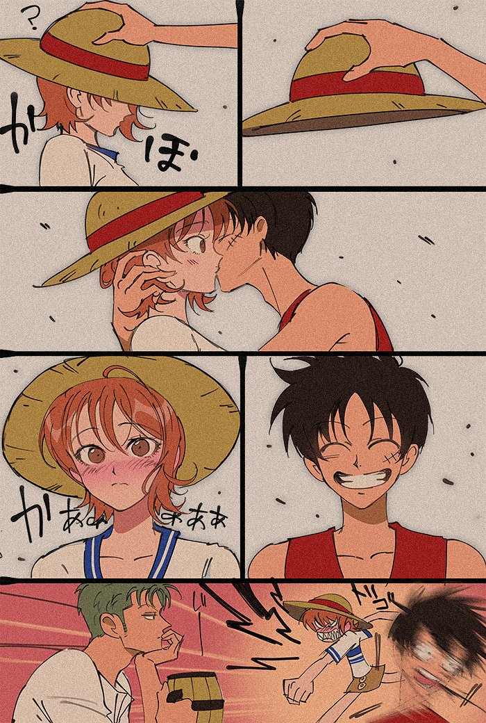 1girl 2boys ? angry bare_shoulders beer_mug black_hair blush clenched_hand closed_mouth collarbone commentary_request cup embarrassed from_side green_hair grin hair_between_eyes hand_on_another's_head hat hetero holding holding_clothes holding_cup holding_hat kiss looking_at_another monkey_d._luffy mug multiple_boys nami_(one_piece) one_piece orange_eyes orange_hair profile punching red_vest roronoa_zoro runa_(nori31291404) scar scar_on_cheek scar_on_face sharp_teeth shirt short_hair short_sleeves skirt smile straw_hat straw_hat_pirates surprise_kiss surprised teeth tsundere upper_body vest white_shirt yellow_skirt