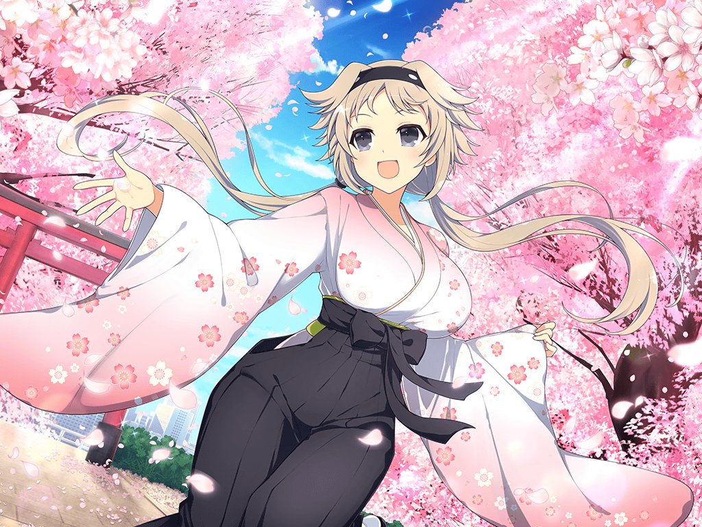 1girl architecture black_hairband black_hakama blue_sky blush branch breasts brown_hair building bush cherry_blossom_print cherry_blossoms city cityscape clouds day east_asian_architecture falling_petals floral_print flower grey_eyes hairband hakama hip_vent ibuki_(senran_kagura) japanese_clothes kimono large_breasts long_hair long_sleeves low_twintails obi official_art open_mouth outdoors petals pink_flower pink_kimono print_kimono sash senran_kagura senran_kagura_new_link senran_kagura_new_wave sky skyscraper smile solo sparkle spring_(season) standing standing_on_one_leg tabi tile_floor tiles torii tree twintails underbust wide_sleeves window yaegashi_nan