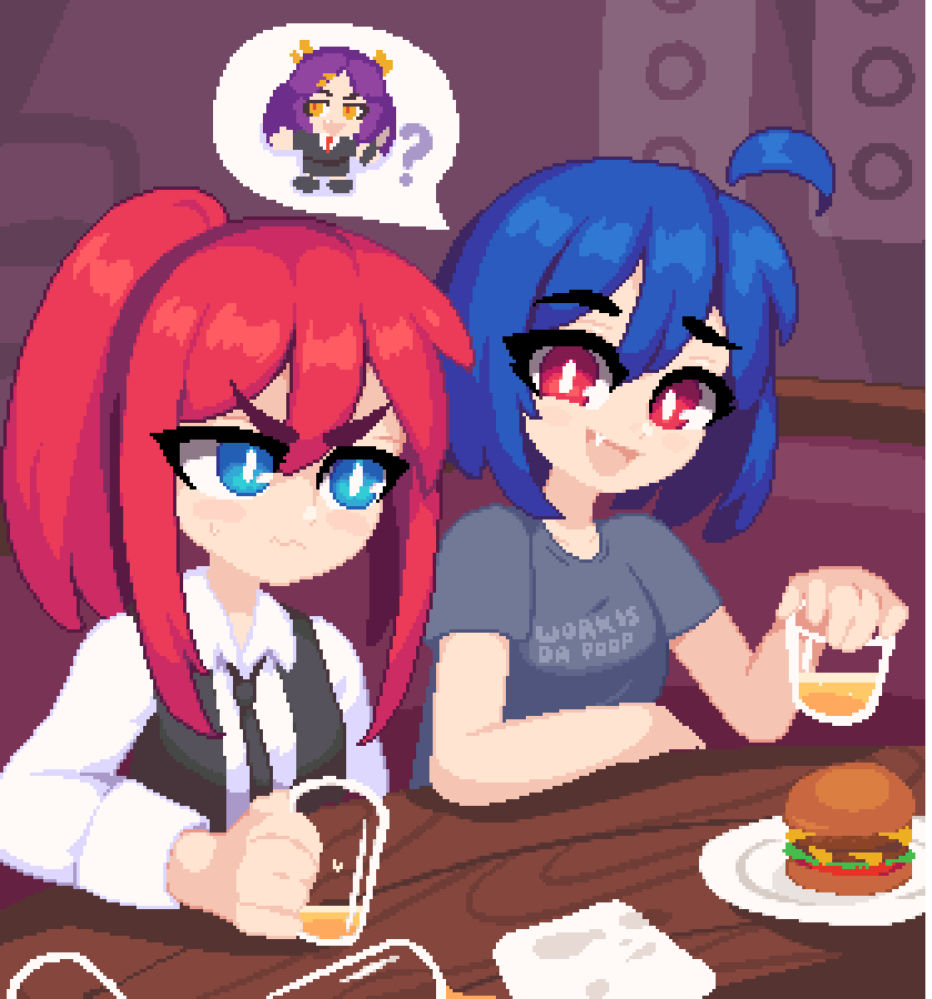 2girls :d ? ahoge arm_on_table arm_support bar_(place) bare_arms black_necktie black_vest blue_eyes blue_hair blythe_(hcnone) bob_cut borrowed_character burger closed_mouth clothes_writing collarbone collared_shirt commentary counter cup detached_ahoge drinking_glass english_commentary english_text eyes_visible_through_hair facing_viewer fang floor food hair_between_eyes hana_(hcnone) hand_up holding holding_cup indoors light_blush looking_at_another medium_hair minimilieu multiple_girls necktie open_clothes open_mouth open_vest original pixel_art plate ponytail purple_background red_eyes redhead shirt short_sleeves sidelocks skye_(hcnone) sleeves_past_elbows smile spoken_character spoken_question_mark sweatdrop t-shirt thick_eyebrows tongue upper_body v-shaped_eyebrows vest wall wavy_mouth white_shirt wing_collar