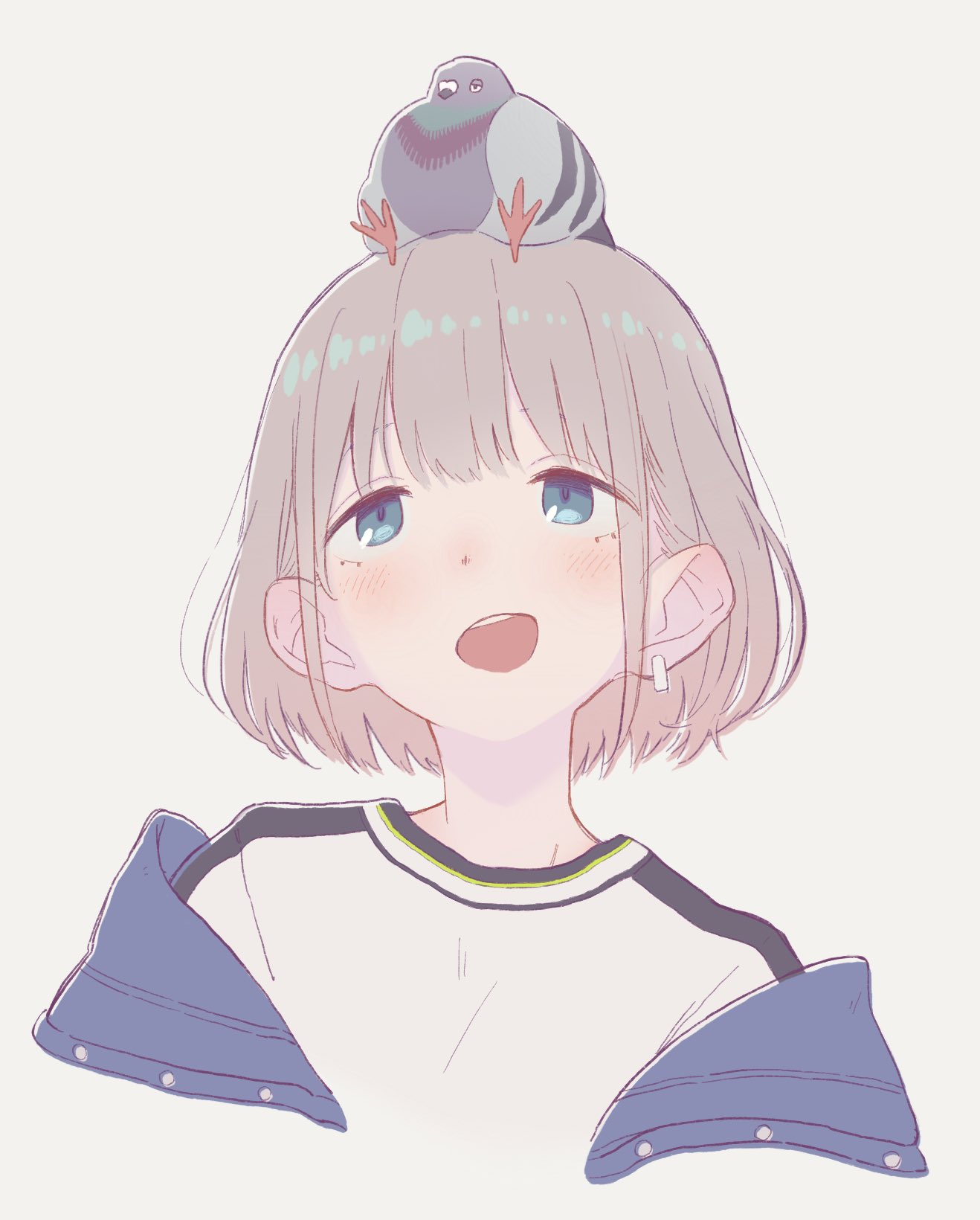 1girl animal_on_head bird bird_on_head blue_eyes blush commentary_request cropped_torso denim denim_jacket doubato earrings hair_behind_ear head_tilt highres idolmaster idolmaster_shiny_colors jacket jacket_partially_removed jewelry looking_at_animal looking_up on_head open_mouth pigeon serizawa_asahi shirt short_hair simple_background single_earring smile solo straight-on tareme white_background white_shirt