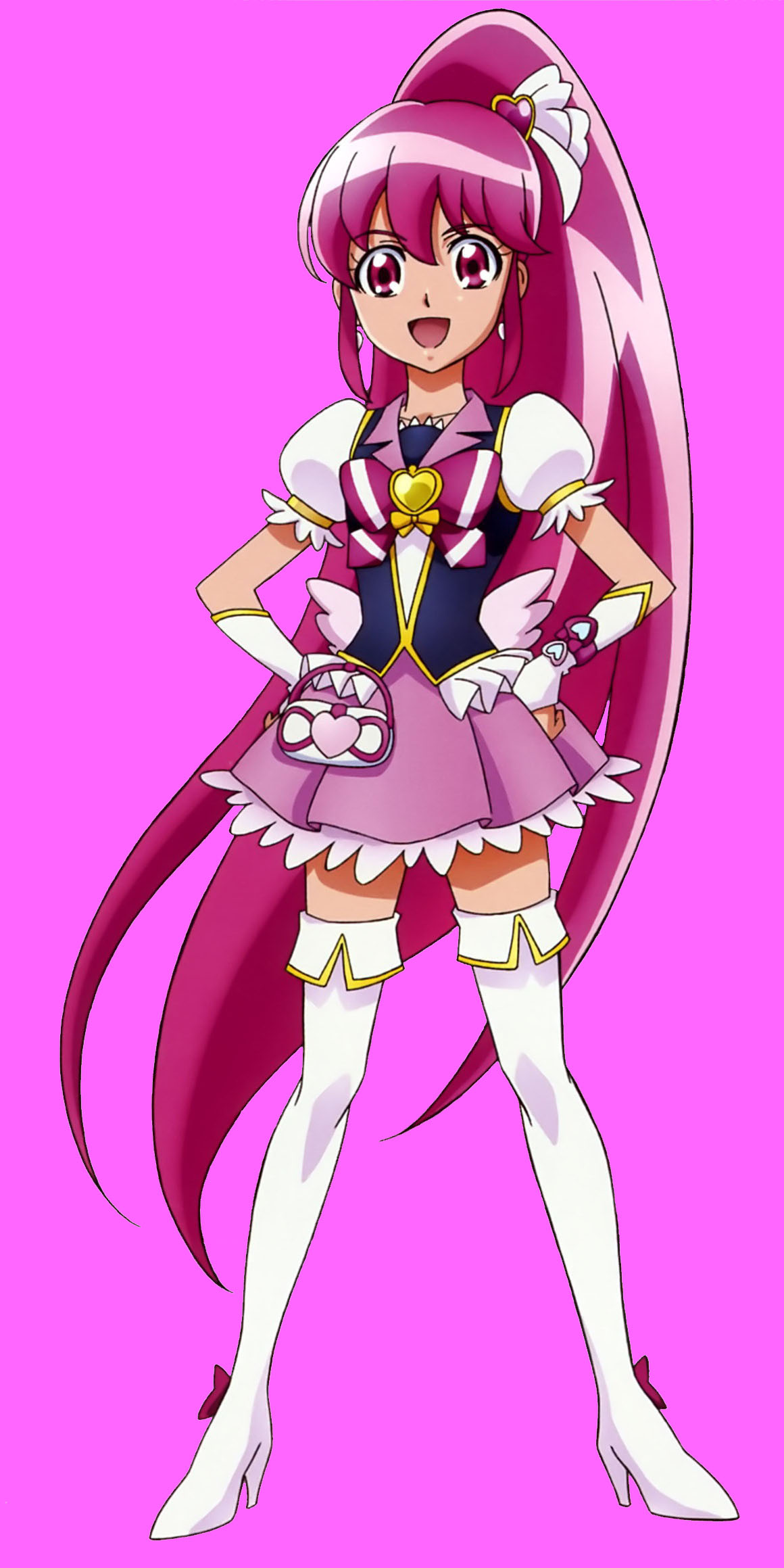 1girl aino_megumi boots cure_lovely happinesscharge_precure! high_ponytail highres long_hair magical_girl official_art pink_eyes pink_hair ponytail precure thigh_boots
