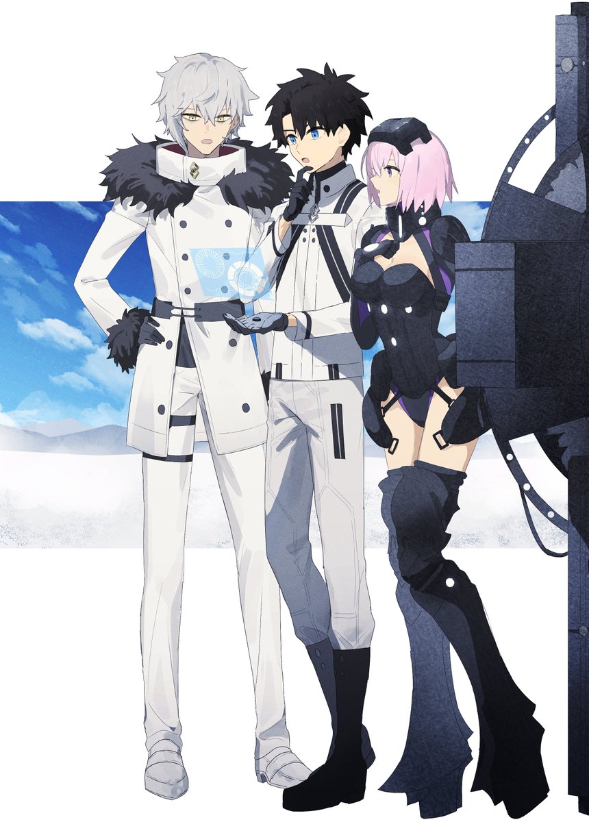 1girl 2boys armor armored_boots armored_leotard black_armor black_footwear black_gloves blue_eyes boots buttons fate/grand_order fate_(series) fujimaru_ritsuka_(male) fujimaru_ritsuka_(male)_(decisive_battle_chaldea_uniform) full_body fur-trimmed_jacket fur-trimmed_sleeves fur_trim gloves hair_between_eyes hand_on_own_chest hand_on_own_chin hand_on_own_hip head-mounted_display highres holding holding_shield holding_weapon holographic_interface jacket kadoc_zemlupus leotard light_purple_hair long_sleeves mash_kyrielight mash_kyrielight_(ortenaus) multiple_boys ne_f_g_o official_alternate_costume open_mouth pants profile shield shoes short_hair violet_eyes weapon white_footwear white_hair white_jacket white_pants yellow_eyes
