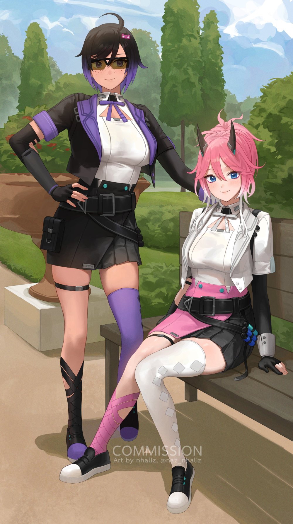 2girls ahoge bench black_hair blue_eyes breasts bush clouds cloudy_sky commission cowlick fingerless_gloves freckles gloves highres horns jacket medium_breasts multicolored_hair multiple_girls nhaliz on_bench open_clothes open_jacket original park park_bench pink_hair purple_hair shoes single_thighhigh sky sunglasses thigh-highs tree two-tone_hair violet_eyes