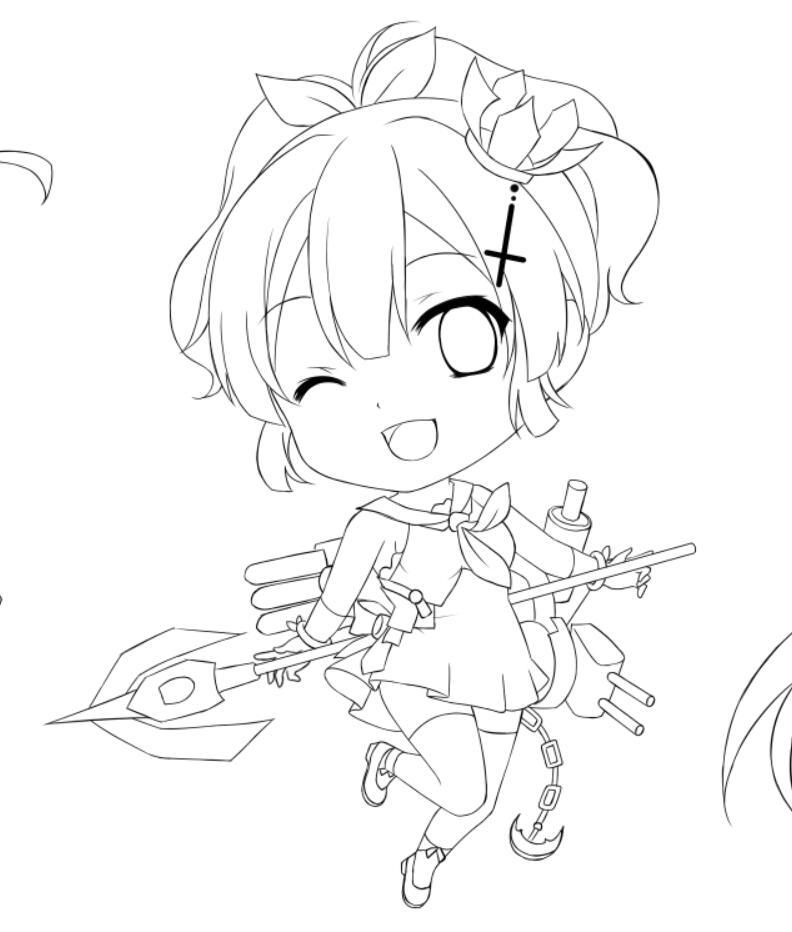 1girl ;d anchor azur_lane bare_shoulders chibi crown dress full_body gyaza hair_ornament holding holding_polearm holding_weapon javelin_(azur_lane) leg_up lineart long_hair mini_crown monochrome neckerchief one_eye_closed polearm ponytail red_neckerchief rigging sailor_dress sleeveless sleeveless_dress smile solo standing standing_on_one_leg thigh-highs weapon weapon_behind_back