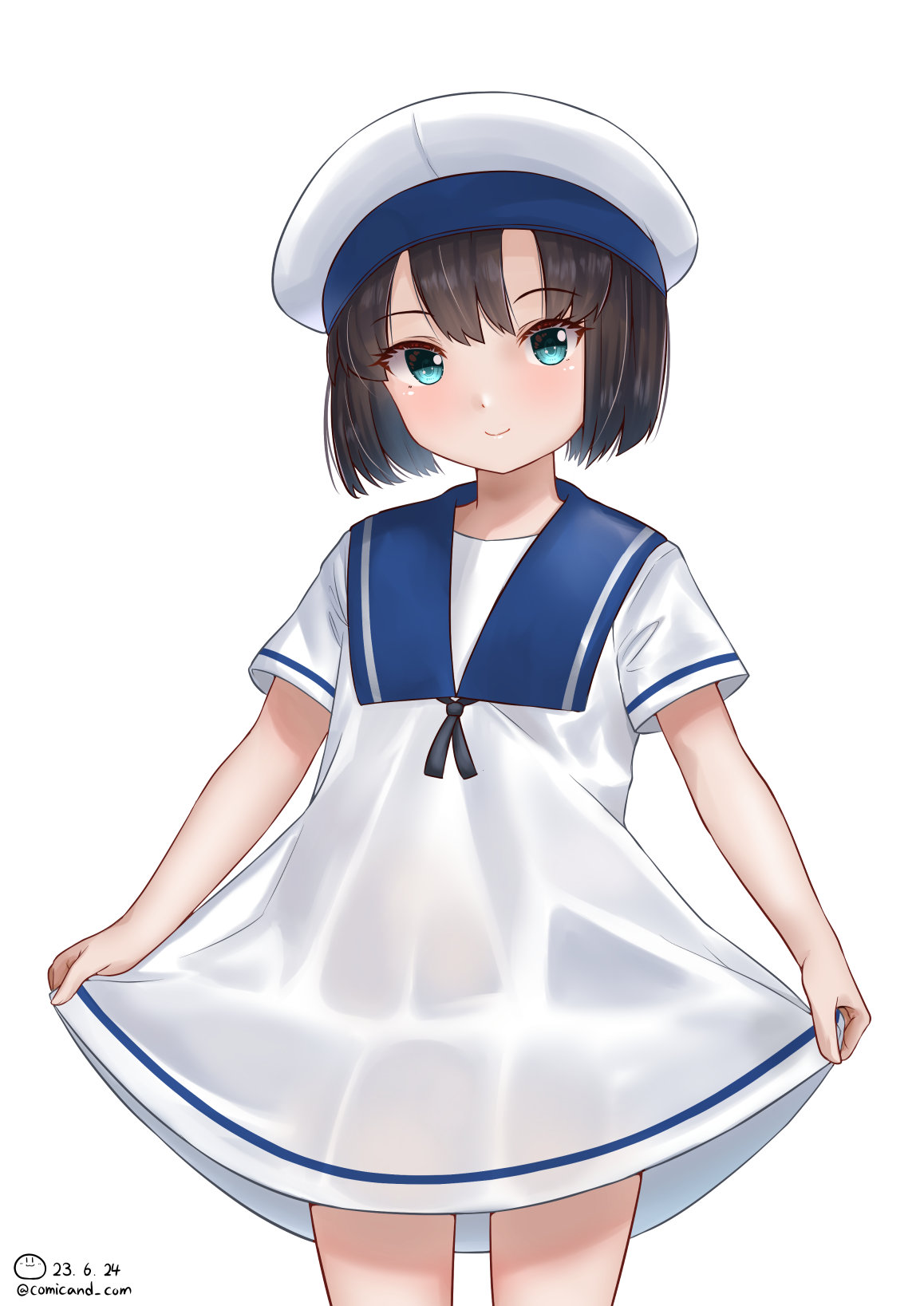 1girl black_hair blue_eyes blue_sailor_collar bob_cut cowboy_shot daitou_(kancolle) dated dress hat highres kantai_collection one-hour_drawing_challenge sailor_collar sailor_dress sailor_hat shiromaru_(maniado) short_hair short_sleeves sidelocks simple_background skirt_hold smile solo twitter_username white_background white_dress white_headwear