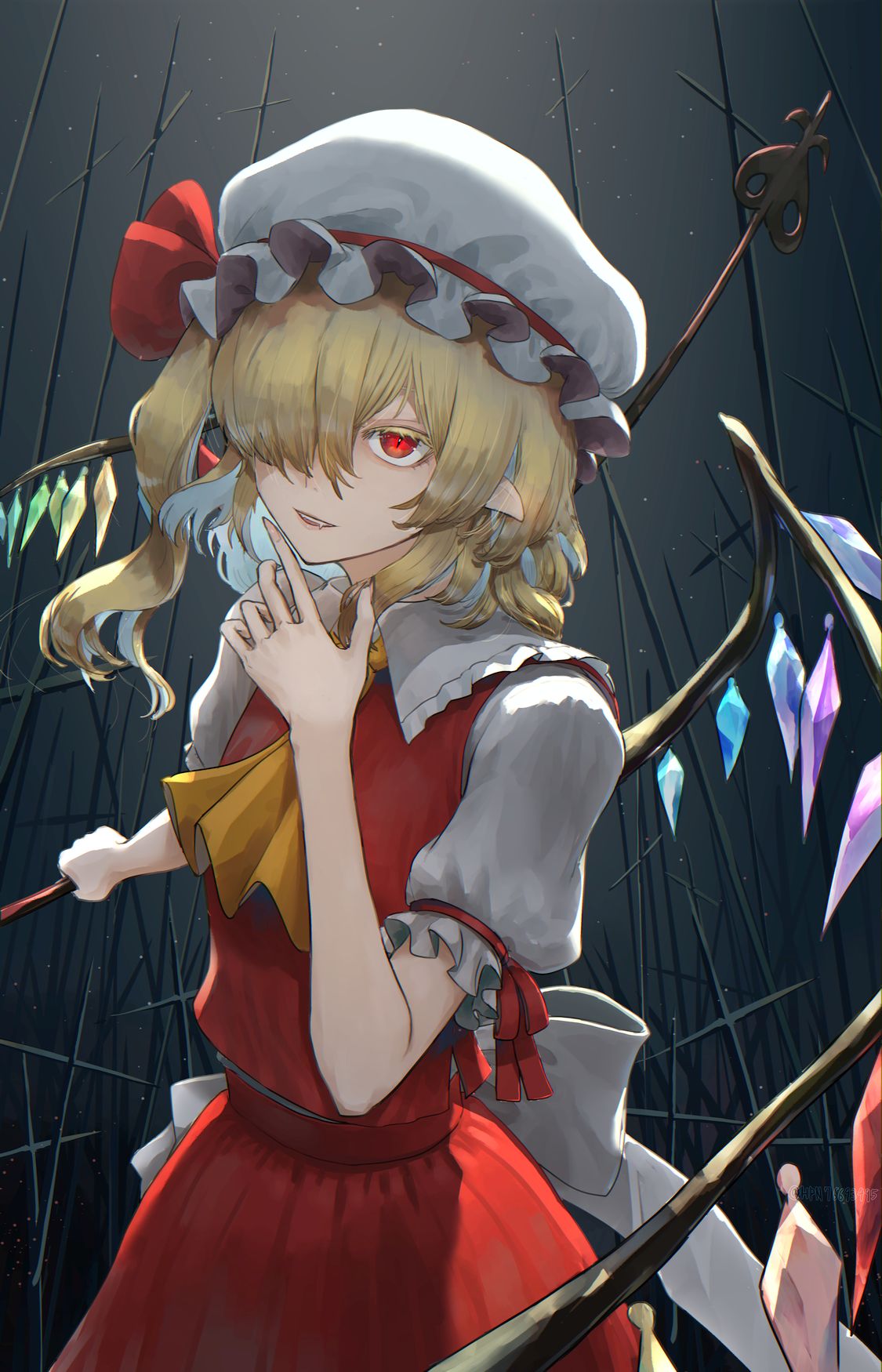 1girl bare_arms blonde_hair commentary_request crystal fang flandre_scarlet flat_chest hair_over_one_eye hand_up harapan-kun hat highres holding holding_weapon laevatein_(touhou) long_bangs long_hair medium_hair mob_cap one_side_up pointy_ears puffy_short_sleeves puffy_sleeves red_eyes short_sleeves solo touhou tsurime weapon wings