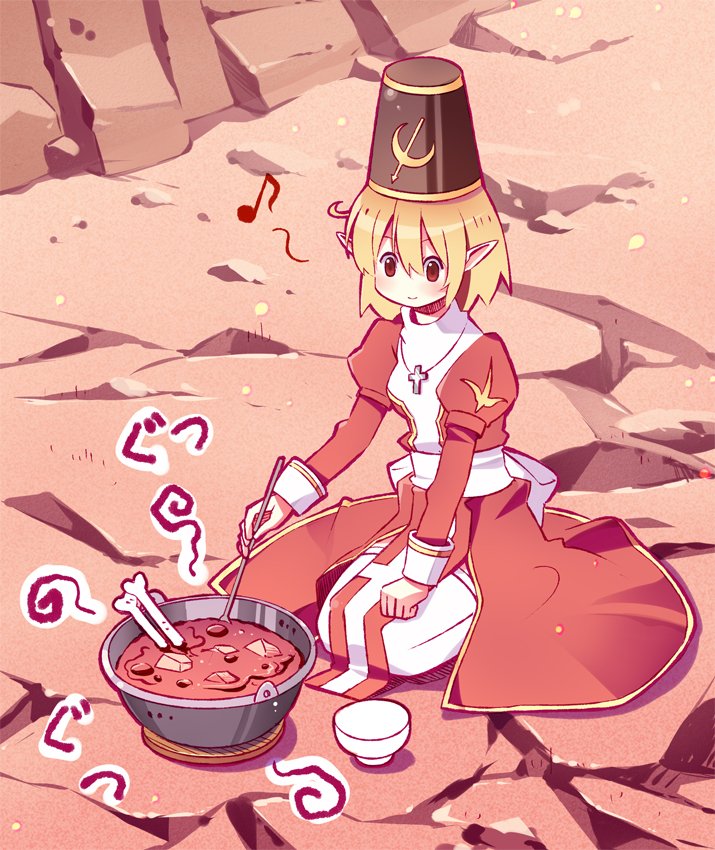 1girl bad_food blonde_hair blush bone bow bowl breasts brown_headwear closed_mouth commentary_request cooking cooking_pot cowlick cross cross_necklace dirt doridori dress food full_body hair_between_eyes hat high_priest_(ragnarok_online) jewelry juliet_sleeves long_sleeves medium_bangs musical_note necklace on_ground pointy_ears puffy_sleeves ragnarok_online red_dress red_eyes rock sash seiza shako_cap short_hair sitting small_breasts smile solo soup thigh-highs two-tone_dress white_bow white_dress white_sash white_thighhighs