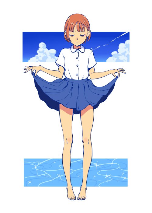 1girl barefoot blue_skirt buttons closed_mouth clothes_lift clouds cloudy_sky collared_shirt day feet framed frown half-closed_eyes legs_apart looking_down orange_hair original pleated_skirt purimari shirt short_hair short_sleeves skirt skirt_lift sky solo standing summer water white_background white_shirt