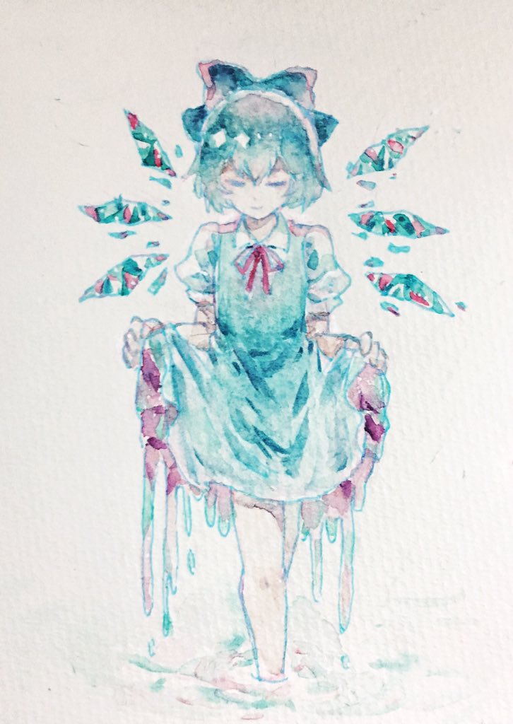 21scorpii blue_bow blue_dress blue_hair bow bowtie cirno closed_eyes collar collared_dress curtsey dress dripping fairy fairy_wings frilled_dress frills hair_bow ice ice_wings light_smile melting painting_(medium) puffy_short_sleeves puffy_sleeves red_bow red_bowtie short_hair short_sleeves touhou traditional_media water watercolor_(medium) white_collar white_sleeves wings