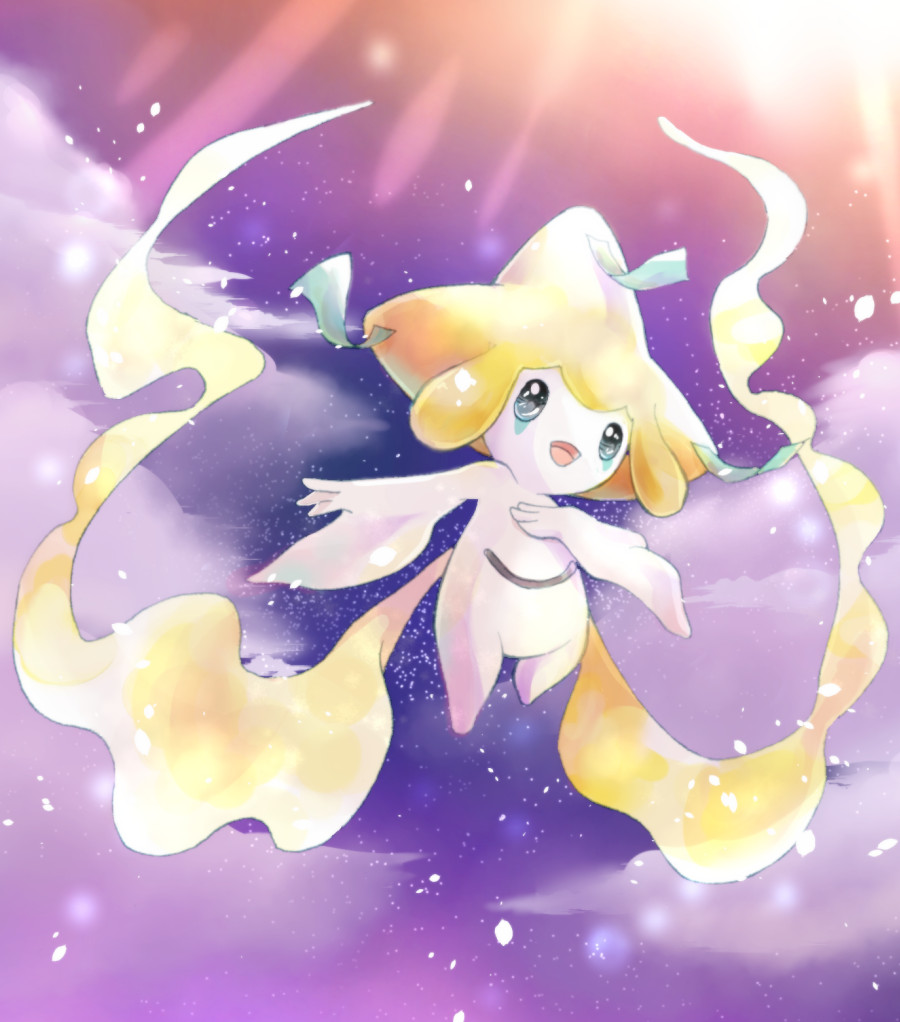 :d asakirirokuyu blue_eyes clouds commentary_request full_body jirachi light_particles light_rays looking_at_viewer night night_sky no_humans open_mouth petals pokemon pokemon_(creature) sky smile solo star_(sky) starry_sky tanzaku
