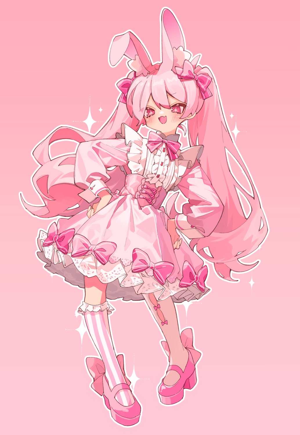 +_+ 1girl :d animal_ear_fluff animal_ears asymmetrical_legwear blush bow bowtie center_frills collared_shirt fang frilled_shirt frilled_skirt frilled_socks frills full_body hair_between_eyes hands_on_own_hips high-waist_skirt highres kneehighs long_hair long_sleeves looking_at_viewer magical_girl open_mouth original ozureiji petticoat pink_background pink_bow pink_bowtie pink_eyes pink_footwear pink_hair pink_skirt pink_socks platform_footwear puffy_long_sleeves puffy_sleeves rabbit_ears rabbit_girl raised_eyebrows shirt shirt_tucked_in sidelocks simple_background single_kneehigh single_sock single_thighhigh skin_fang skirt smile socks solo thigh-highs twintails white_shirt white_thighhighs