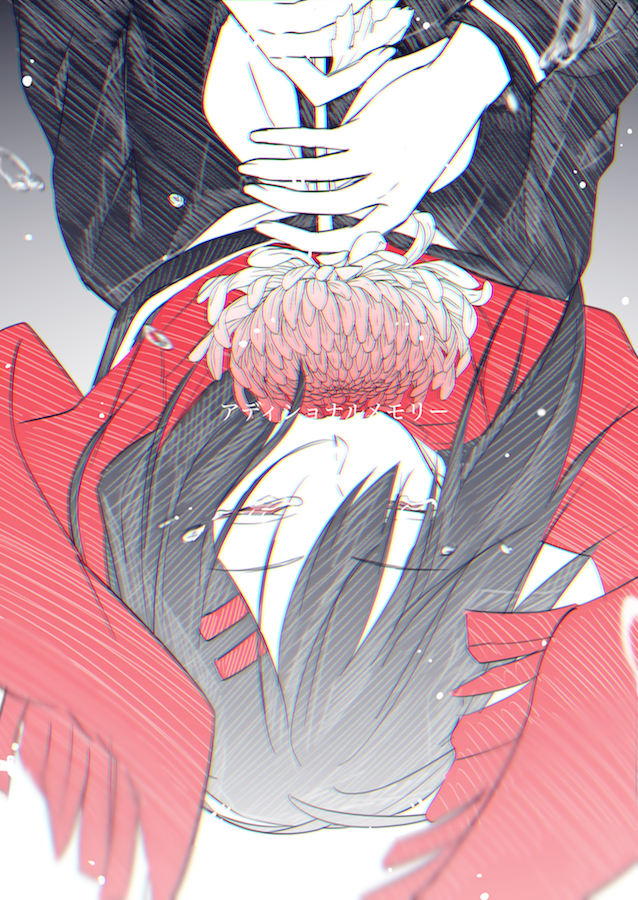 1girl additional_memory_(vocaloid) black_hair black_sailor_collar black_serafuku chrysanthemum commentary_request covered_mouth crying enpera eyelashes flower flower_over_mouth fringe_trim gradient_flower gradient_hair grey_background hair_between_eyes half-closed_eyes hatching_(texture) holding holding_flower kagerou_project limited_palette linear_hatching long_sleeves looking_down multicolored_hair neckerchief ouri_(aya_pine) pale_skin partial_commentary pink_flower red_eyes red_scarf sad sailor_collar scarf school_uniform serafuku single_stripe sleeve_cuffs solo spider_lily stalk striped tateyama_ayano tears translated upper_body upside-down white_flower white_neckerchief