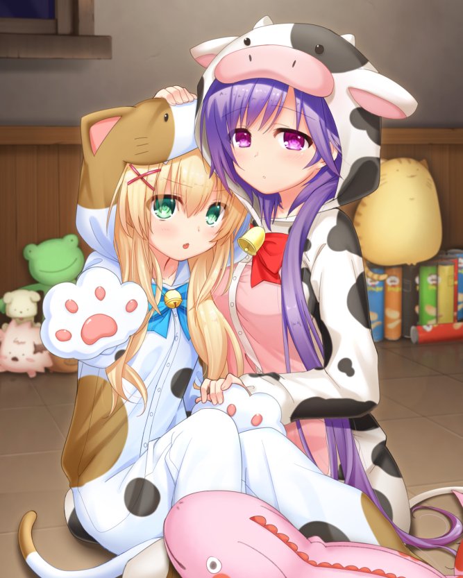 2girls animal_costume animal_hands animal_print bell blonde_hair blue_bow blush bow cat_costume chestnut_mouth closed_mouth commentary_request cosplay cow_costume cow_print cowbell expressionless eyes_visible_through_hair gloves green_eyes hair_between_eyes hair_ornament hand_up headpat indoors kigurumi long_hair long_sleeves looking_at_viewer mizuori_shizuku multiple_girls neck_bell open_mouth otou_(otou_san) paw_gloves purple_hair red_bow short_hair sitting stuffed_animal stuffed_toy summer_pockets tsumugi_wenders upturned_eyes v-shaped_eyebrows very_long_hair violet_eyes x_hair_ornament