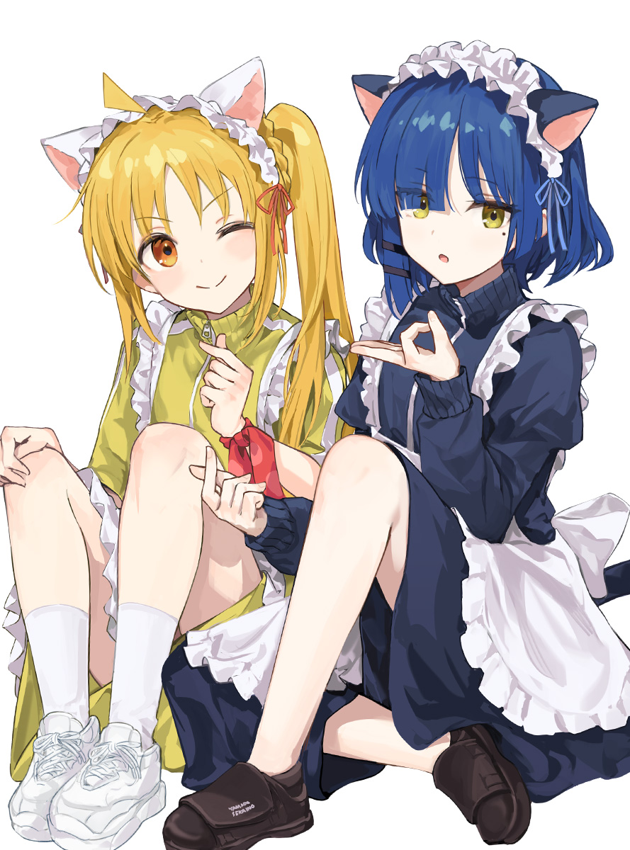 2girls alternate_costume animal_ears apron black_dress blonde_hair blue_hair blush bocchi_the_rock! cat_ears cat_tail closed_mouth commentary dress enmaided finger_heart green_eyes highres ijichi_nijika long_hair long_sleeves maid maid_apron maid_headdress makihitsuji mole mole_under_eye money_gesture multiple_girls one_eye_closed one_side_up open_mouth orange_eyes short_hair simple_background smile symbol-only_commentary tail white_apron white_background yamada_ryou yellow_dress