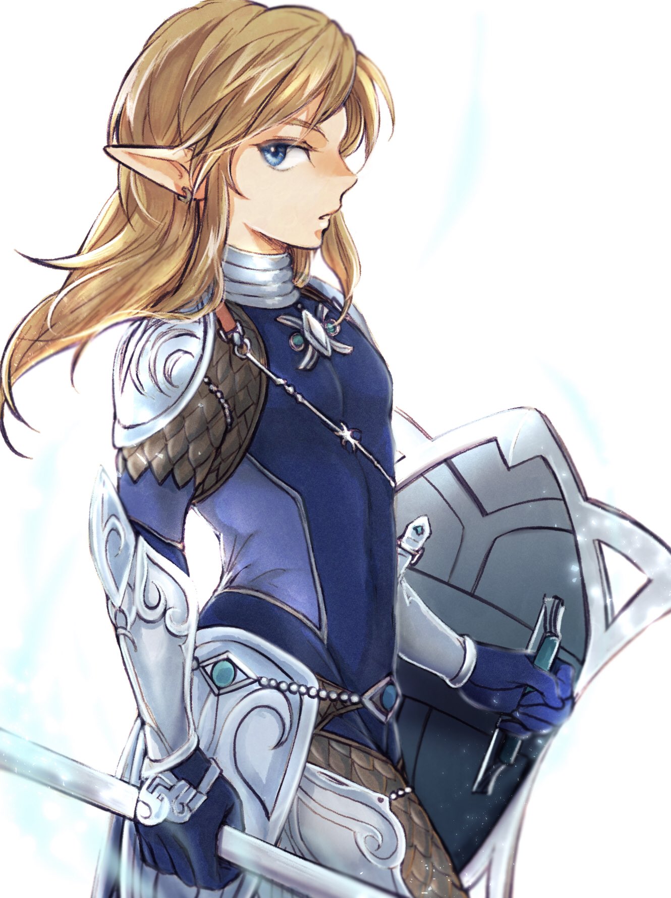 1boy armor blonde_hair blue_bodysuit blue_gloves bodysuit cowboy_shot earrings from_side gloves highres holding holding_polearm holding_shield holding_weapon jewelry link long_hair male_focus mochi_(not_not_bread) pointy_ears polearm shield shoulder_armor shoulder_plates simple_background solo the_legend_of_zelda the_legend_of_zelda:_breath_of_the_wild weapon white_background