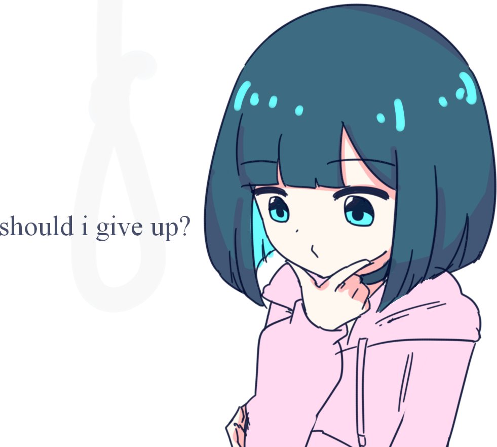 1girl aqua_eyes blunt_bangs bob_cut chibikki choker closed_mouth colored_inner_hair dot_nose english_text green_hair hand_on_own_chin hand_up hood hood_down hoodie long_sleeves man_looking_at_noose_(meme) meme multicolored_hair nanako_(chibikki) noose original pink_hoodie short_hair silhouette simple_background solo stroking_own_chin thinking two-tone_hair upper_body white_background