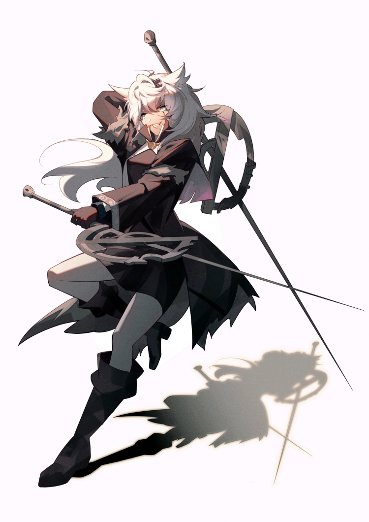 1girl :d animal_ears arknights arm_up black_coat black_dress black_footwear black_gloves blue_eyes boots coat dress dual_wielding full_body fur-trimmed_coat fur_trim gloves grey_hair grin haiwu_shenlou holding holding_sword holding_weapon knee_boots lappland_(arknights) leg_up long_hair long_sleeves looking_at_viewer open_clothes open_coat parted_lips scar scar_across_eye scar_on_face shade simple_background smile solo sword tail weapon white_background wolf_ears wolf_girl wolf_tail