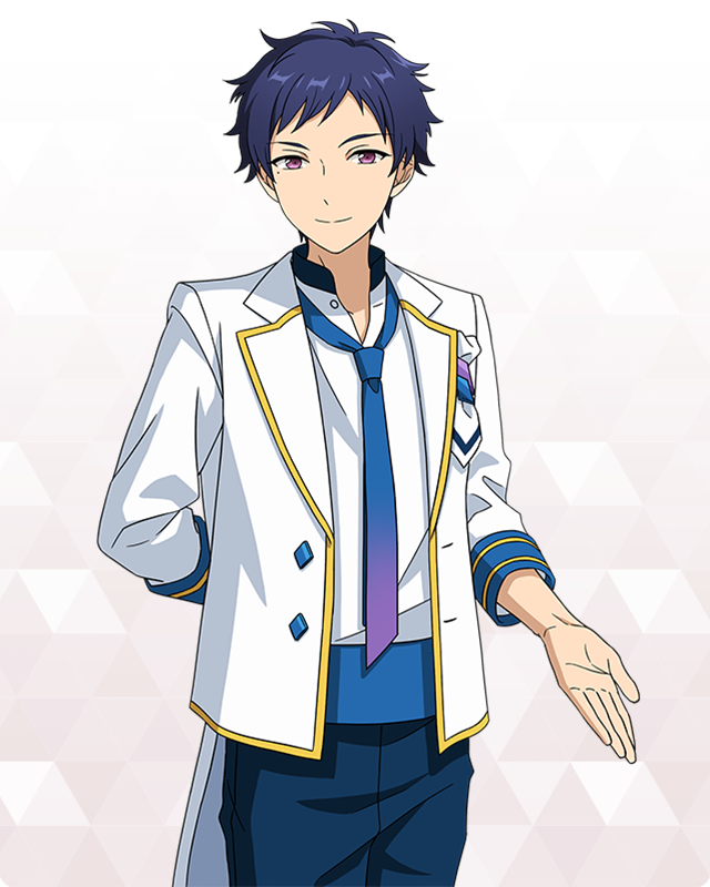 1boy arm_behind_back blue_hair closed_mouth cowboy_shot dark_blue_hair diamond_brooch dot_nose ensemble_stars! fushimi_yuzuru gradient_necktie happy_elements jacket lapels long_sleeves looking_at_viewer male_focus mole mole_under_eye notched_lapels official_art open_clothes open_jacket outstretched_hand short_bangs short_hair sleeves_past_elbows solo split_mouth third-party_source violet_eyes