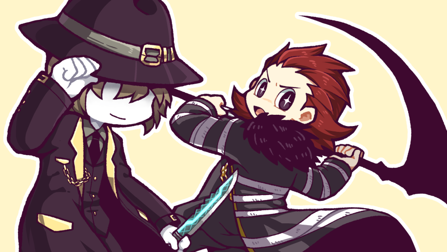 2boys black_coat black_eyes black_headwear black_pants black_vest brown_hair closed_mouth coat collared_shirt colored_skin commentary_request dagger employee_(lobotomy_corporation) fur-trimmed_coat fur_trim grey_necktie hat hatake_shimeji holding holding_dagger holding_knife holding_scythe holding_weapon knife lobotomy_corporation long_sleeves male_focus multiple_boys necktie open_clothes open_coat open_mouth outline pale_fixer_(lobotomy_corporation) pants project_moon redhead scythe shirt short_hair simple_background smile sparkling_eyes vest weapon white_outline white_skin yellow_background
