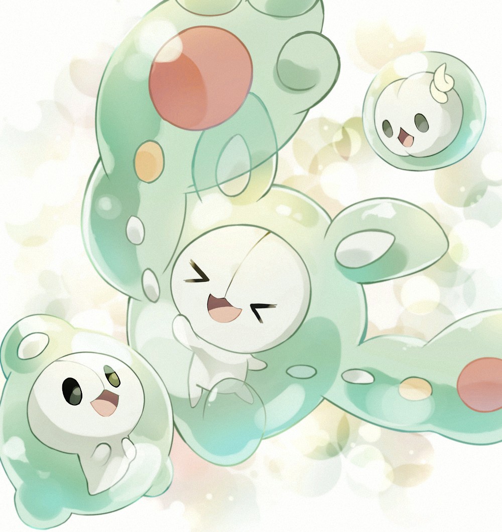 &gt;_&lt; :&lt; :d arm_up asakirirokuyu black_eyes closed_eyes commentary_request duosion evolutionary_line green_background hands_up happy lens_flare looking_at_another no_humans open_mouth pokemon pokemon_(creature) reuniclus simple_background smile solid_oval_eyes solosis white_background