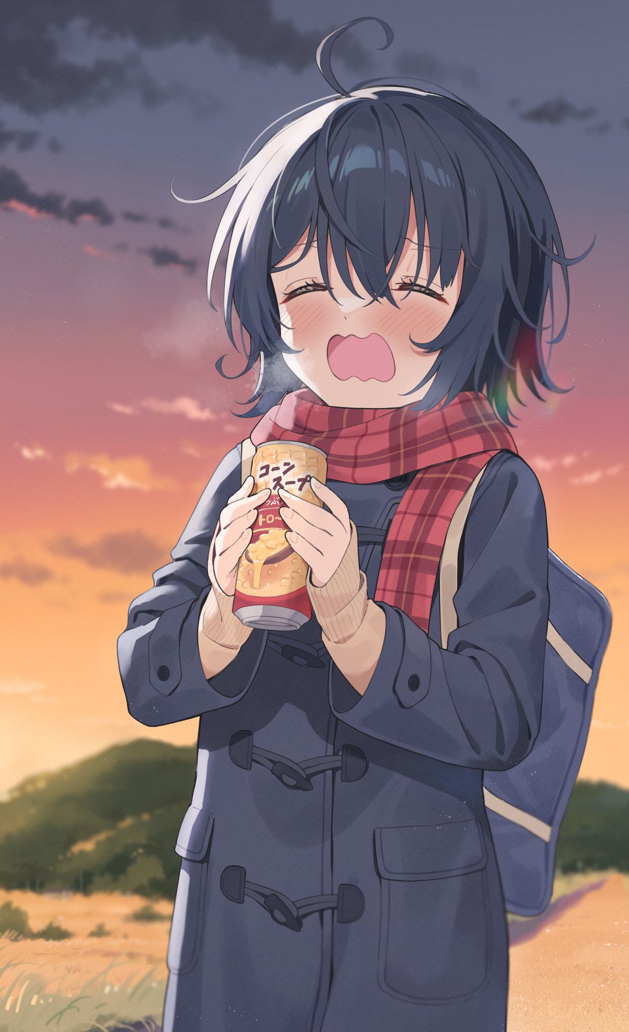 1girl ahoge bag black_coat black_hair blush brown_sweater can closed_eyes clouds coat commentary_request facing_viewer hair_between_eyes highres holding holding_can long_sleeves mountain nirareba open_mouth original outdoors plaid plaid_scarf red_scarf scarf school_bag sleeves_past_wrists solo sunset sweater wavy_mouth