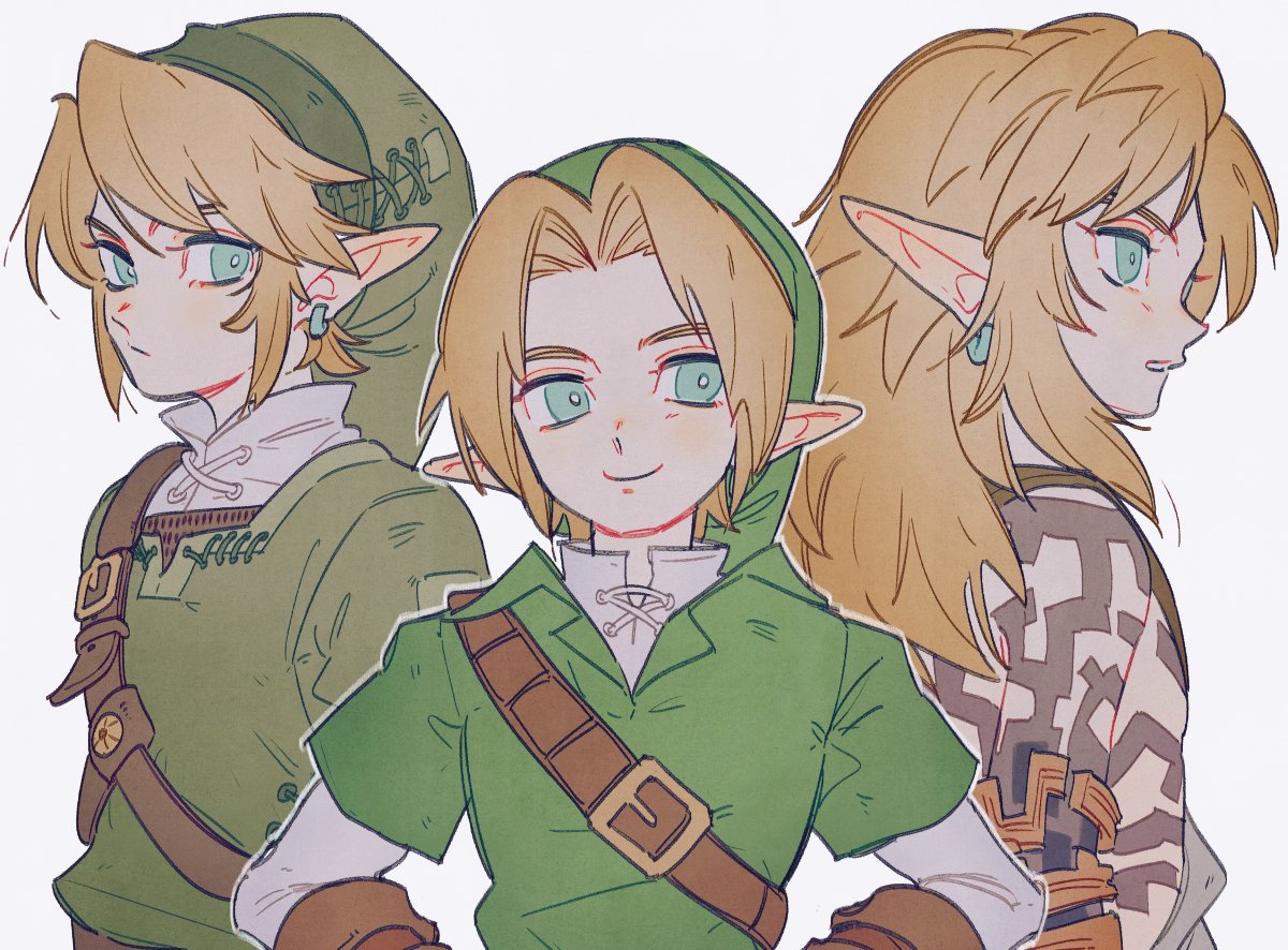 1boy blonde_hair bright_pupils brown_gloves closed_mouth collared_shirt earrings gloves green_eyes green_headwear green_shirt hat jewelry link male_focus multiple_views oharu-chan parted_lips pointy_ears shirt smile strap the_legend_of_zelda undershirt white_background white_pupils
