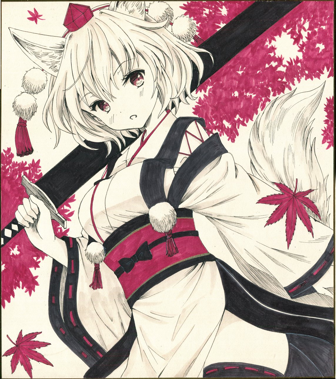 1girl animal_ears black_thighhighs commentary_request hajike_akira hat highres holding holding_sword holding_weapon inubashiri_momiji japanese_clothes kimono kourindou_tengu_costume leaf long_sleeves maple_leaf official_alternate_costume open_mouth pom_pom_(clothes) red_eyes red_headwear ribbon-trimmed_sleeves ribbon_trim sash short_hair solo sword tail thigh-highs tokin_hat touhou traditional_media weapon white_hair white_kimono wide_sleeves wolf_ears wolf_girl wolf_tail