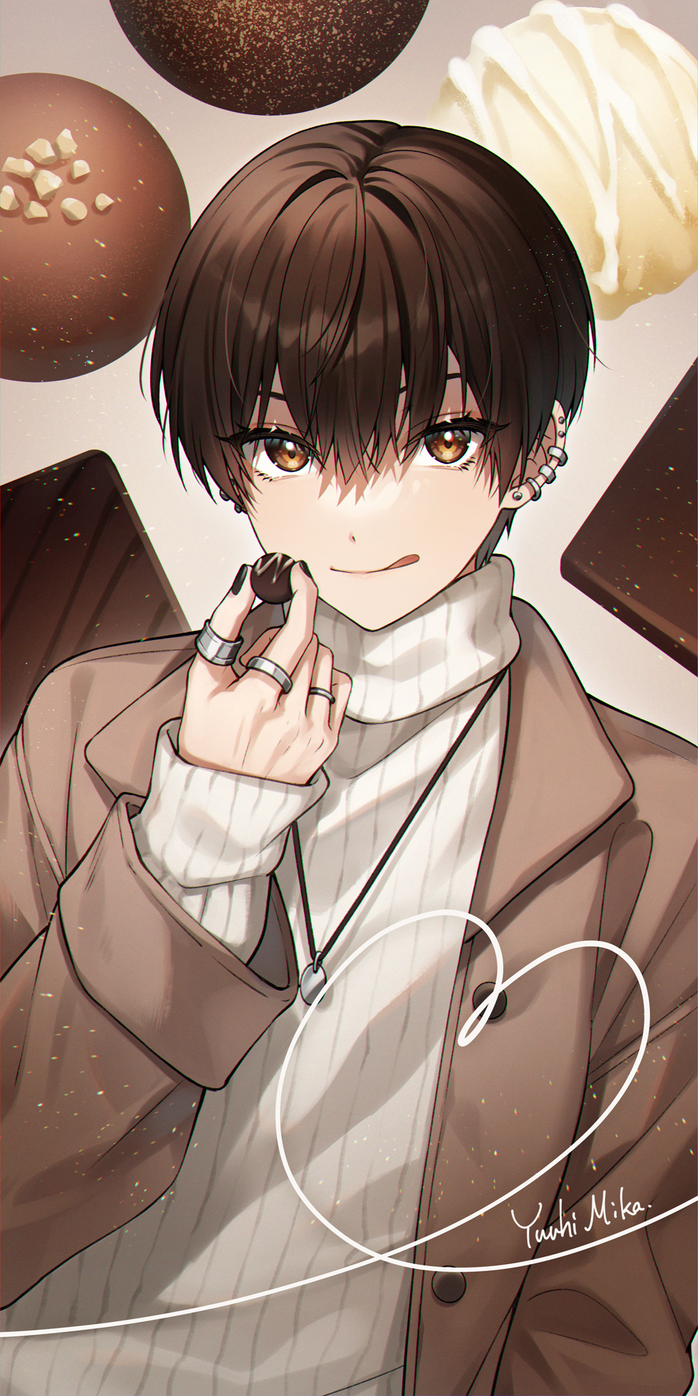1boy :q artist_name black_nails brown_eyes brown_hair brown_jacket buttons chocolate closed_mouth commentary ear_piercing earrings english_commentary eyelashes fingernails food hair_between_eyes hand_up heart highres holding holding_food jacket jewelry licking_lips light_particles long_sleeves looking_at_viewer male_focus multiple_rings nail_polish necklace open_clothes open_jacket original piercing ribbed_sweater ring short_hair sleeves_past_wrists smile solo stud_earrings sweater thumb_ring tongue tongue_out truffle turtleneck turtleneck_sweater upper_body white_sweater yuuhi_mika