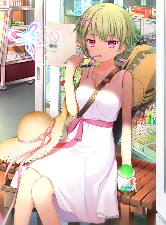 1girl bare_arms bow breasts bug butterfly collarbone convenience_store cowboy_shot crocodile_hair_ornament dress eating expressionless food green_hair hair_between_eyes hat hat_bow hat_removed hat_ribbon headwear_removed holding holding_ice_cream holding_spoon ice_cream looking_at_viewer medium_breasts nomura_miki open_mouth otou_(otou_san) outdoors pink_bow pink_eyes pink_ribbon ribbon shop short_hair sitting sleeveless sleeveless_dress solo spoon straw_hat summer summer_pockets white_dress