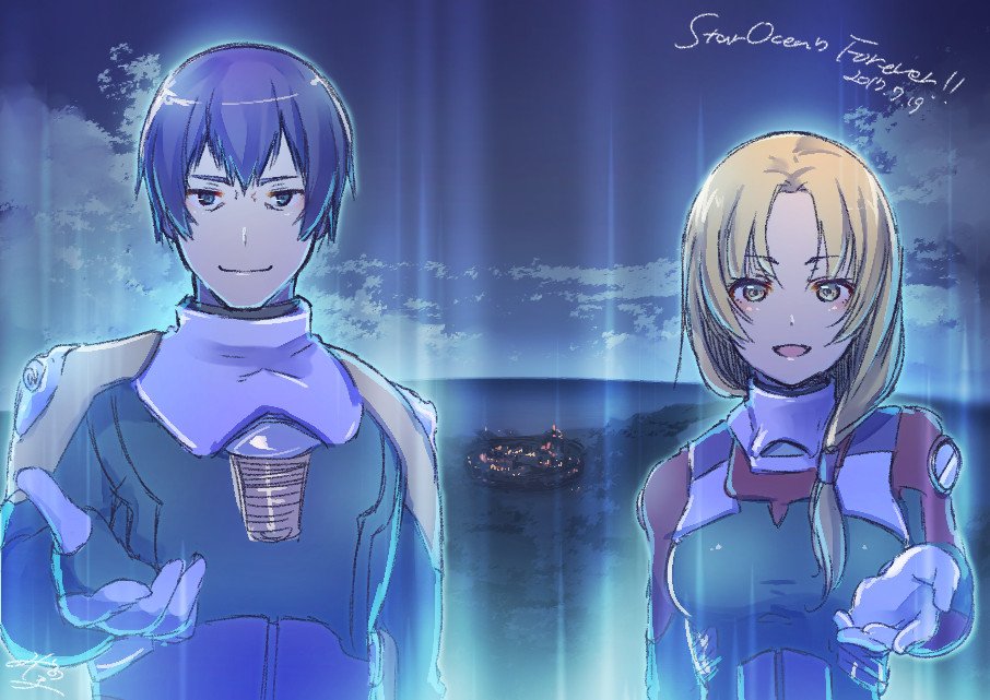 1boy 1girl black_bodysuit blonde_hair blue_eyes blue_hair bodysuit breasts closed_mouth clouds dated gloves ilia_silvestri long_hair looking_at_viewer misono_mitama open_mouth ronixis_kenni smile star_ocean star_ocean_first_departure yellow_eyes