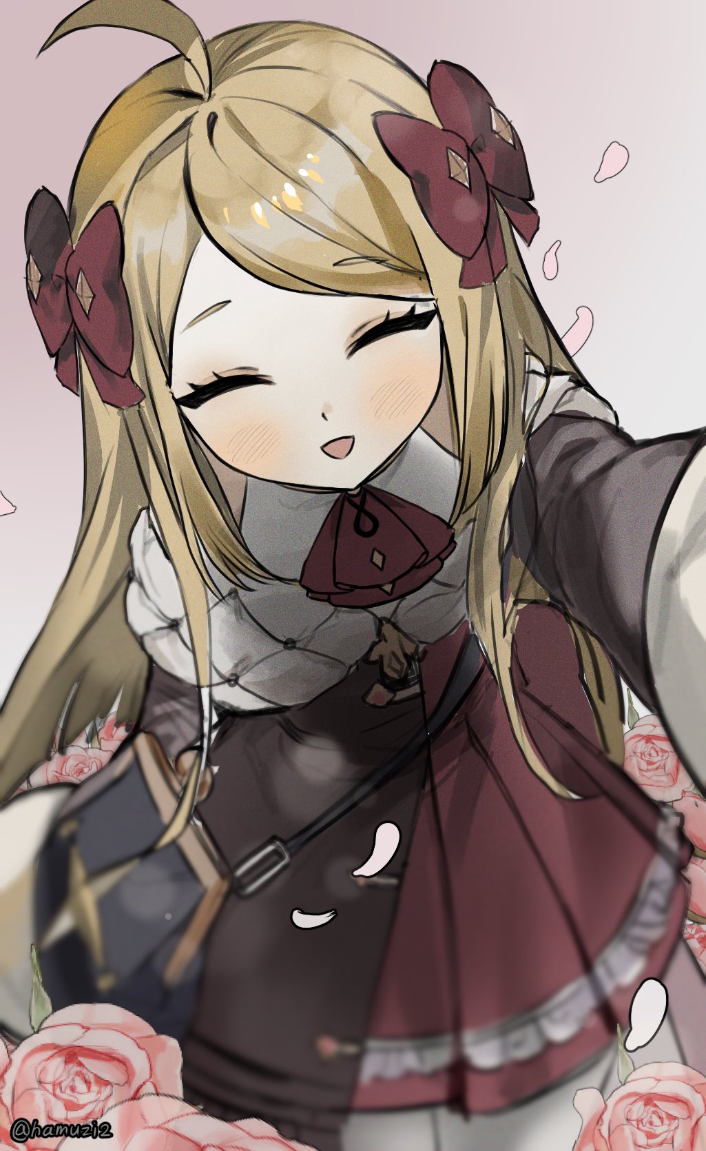 1girl ahoge arm_up ascot bag blonde_hair blush bow brown_coat closed_eyes coat eversoul falling_petals flower hair_bow hair_ornament hamuzi2 highres long_hair long_sleeves looking_at_viewer manon_(eversoul) open_mouth pantyhose petals petite pink_flower pink_rose red_eyes red_skirt rose rose_petals shirt shoulder_bag signature skirt smile solo standing swept_bangs white_background white_pantyhose white_shirt