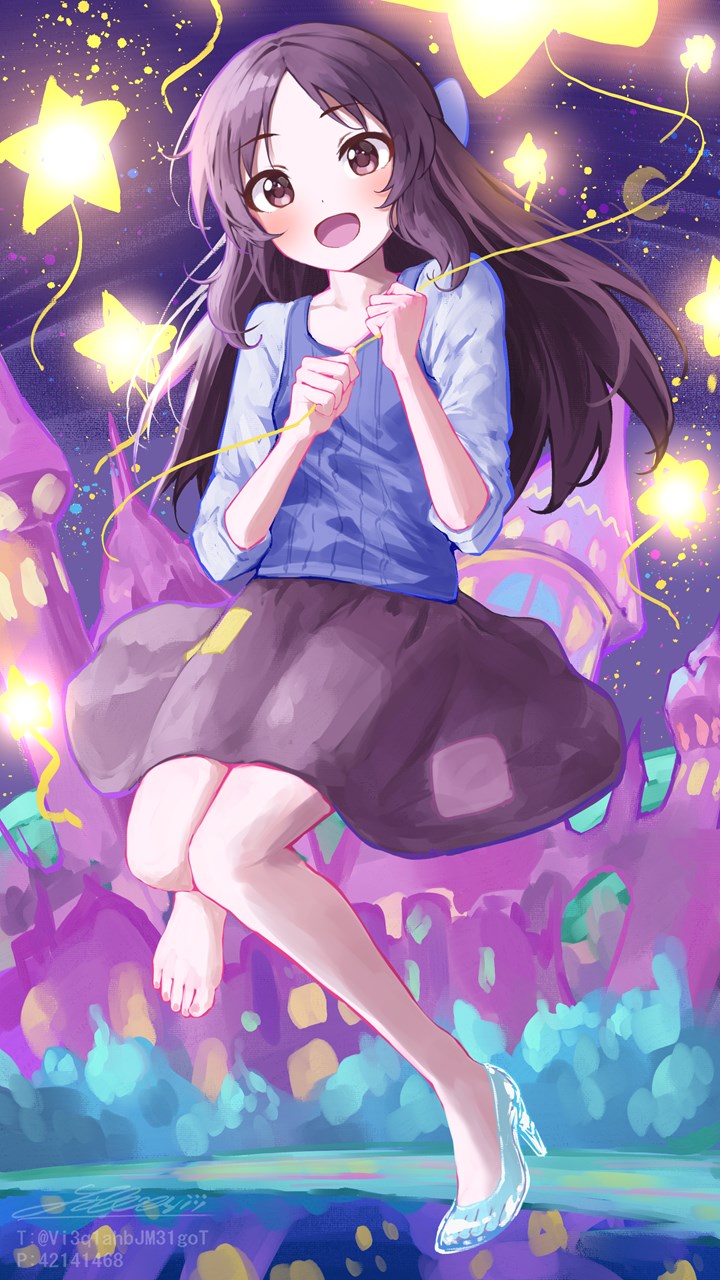 1girl :d blue_shirt blue_tank_top blush brown_eyes brown_hair brown_skirt collarbone commentary dot_nose full_body glass_slipper head_tilt highres holding holding_string idolmaster idolmaster_cinderella_girls knees_together_feet_apart layered_clothes long_hair long_sleeves looking_at_viewer open_mouth raised_eyebrows shirt shirubaa single_slipper skirt slippers smile solo star_(symbol) string tachibana_arisu tank_top toes