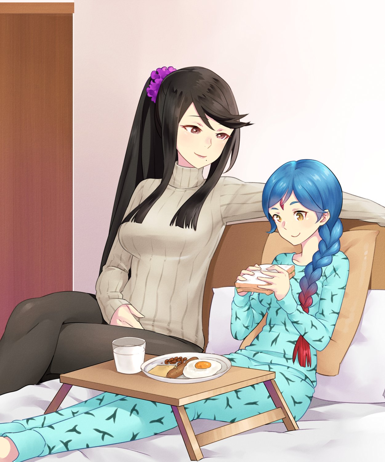 2girls alternate_costume beans black_hair blue_hair blue_pajamas braid bread breakfast breasts egg_(food) fire_emblem fire_emblem_fates food high_ponytail highres igni_tion large_breasts lilith_(fire_emblem) medium_breasts mikoto_(fire_emblem) milk mother_and_daughter multicolored_hair multiple_girls pajamas redhead sausage side_ponytail single_braid tray two-tone_hair