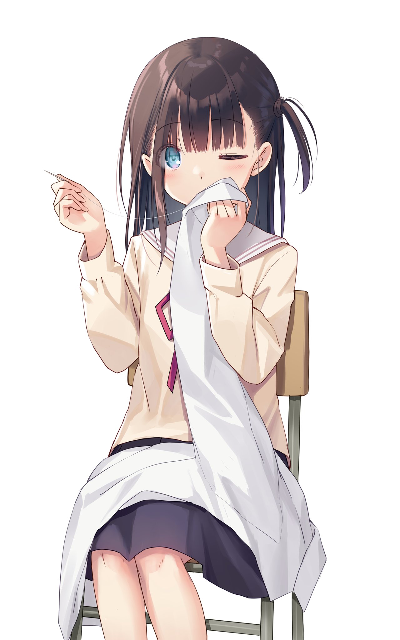 1girl black_skirt blue_eyes blush brown_hair chair commentary_request covered_mouth feet_out_of_frame hands_up highres long_hair looking_at_viewer na-ga neck_ribbon needle one_eye_closed original red_ribbon ribbon sailor_collar school_chair school_uniform sewing sewing_needle side_ponytail simple_background sitting skirt solo sweater thread white_background white_sailor_collar yellow_sweater