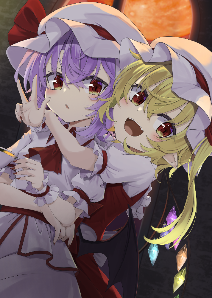 2girls akisome_hatsuka ascot blonde_hair commentary_request commission crystal fangs flandre_scarlet hat hat_ribbon hug looking_at_viewer mob_cap multiple_girls multiple_sources one_side_up open_mouth purple_hair red_ascot red_eyes red_ribbon red_vest remilia_scarlet ribbon shirt short_hair short_sleeves skeb_commission touhou vest w white_headwear white_shirt window wings
