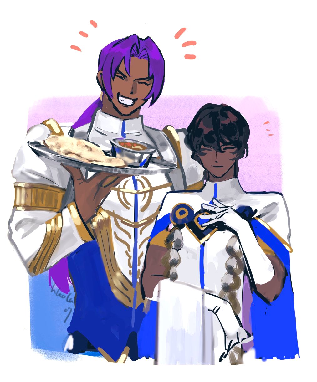 2boys arjuna_(fate) bhima_(fate) bhima_(second_ascension)_(fate) bowl brothers cape closed_eyes dark-skinned_male dark_skin fate/grand_order fate_(series) food highres hka_kr07 holding holding_towel holding_tray long_hair male_focus multiple_boys muscular muscular_male ponytail purple_hair siblings simple_background smile towel tray two-sided_cape two-sided_fabric upper_body white_background